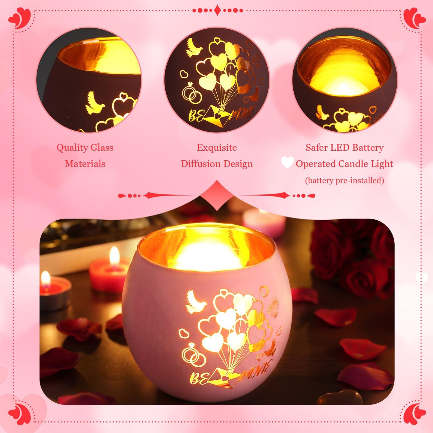 VIHOSE 6 Set Valentine's Day Tealight Candle Holders with 6 LED Battery Operated Candles Valentines Glass Tealight Holders Valentine Table Decorations for Home Table Centerpiece Decor Gifts