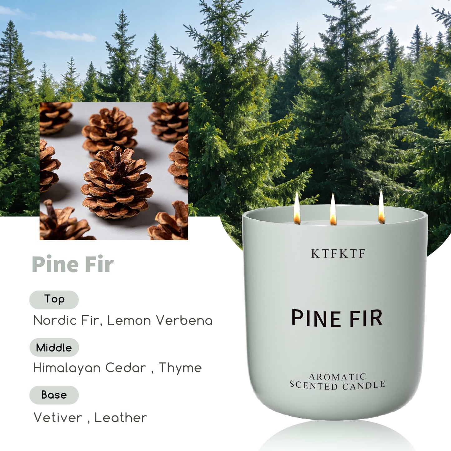 Pine Fir Scented Candle for Home - 3-Wick 14.1oz 80-Hour Long Burning, Non-Toxic Soy Wax Candles - Aromatherapy Candle for Positive & Relaxation, Crisp Woody Forest Scent for Home Decor