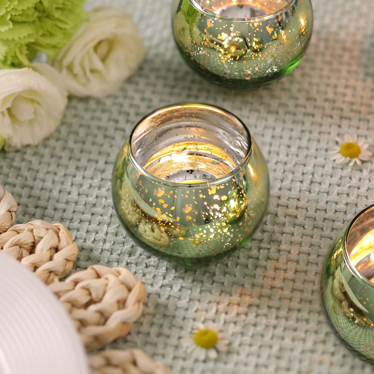 Volens 24PCS Green Votive Candle Holders Bulk, Round Mercury Glass Candle Holders for Tealight - Green Centerpiece Table Decorations for Wedding, Birthday, Party, Bridal Shower and Home Decor