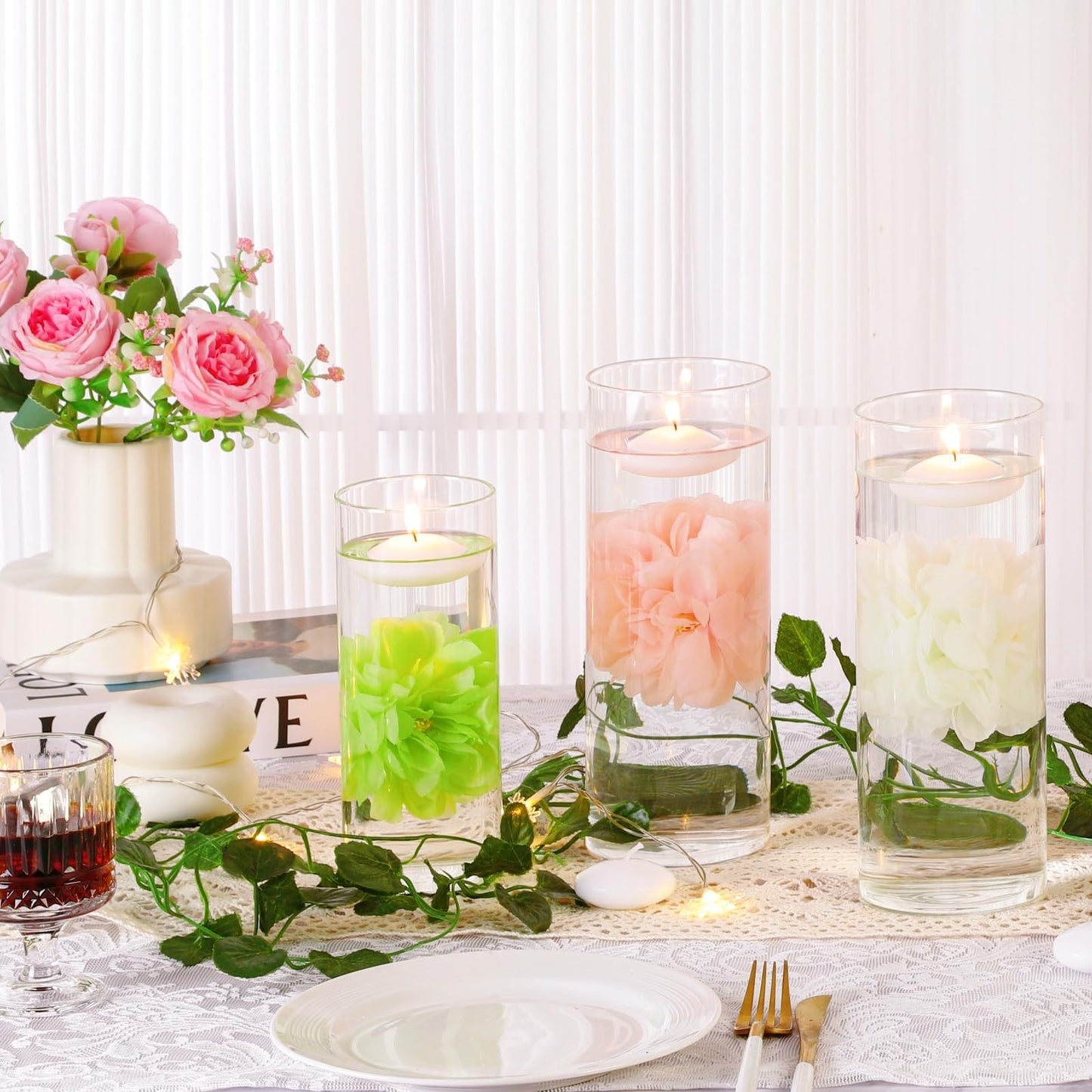 ZJGXH 24 Pcs Floating Candles for Centerpieces and Floating Flowers Vase Fillers for Centerpieces White Artificial Flowers for Wedding Table Party Home Decoration