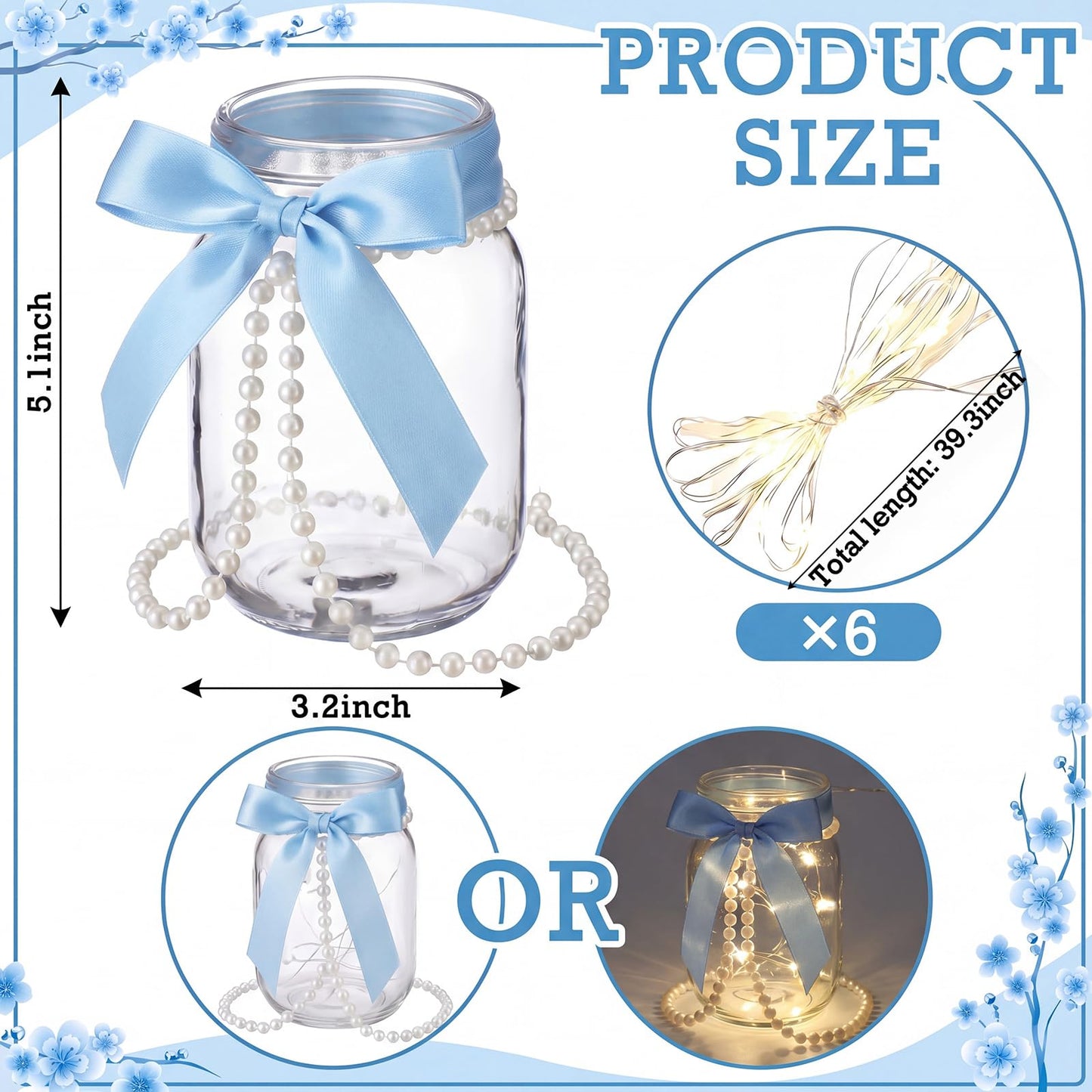 Gandeer 6 Sets Blue Mason Jars Centerpieces for Table Bridal Shower Mason Jar Lights Vases with Bow and Pearl Ribbon Bow Vase for Flowers Table Engagement Party Bridal Shower Wedding Centerpieces