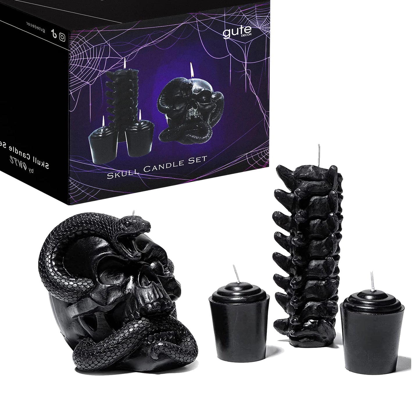 Skull & Spine Candles 4 Pack - Skeleton Snake, Spine & Black Bones Candle, Skulls, Magic Skulls Candlestick Spooky Gothic Emo Decor, Home & Bar Decoration, Large Creepy Skeletons Decorations