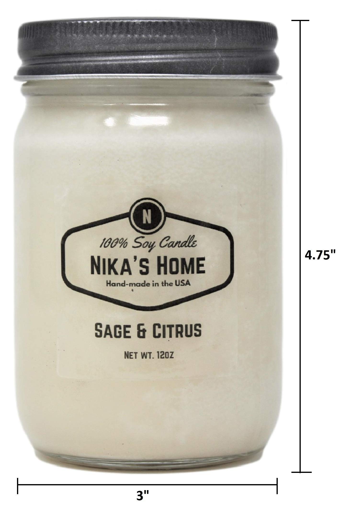 Nika's Home Sage & Citrus Soy Candle - 12oz Mason Jar - Non-Toxic - Hand Poured in The USA, Long Burning 50-60 Hours Highly Scented All Natural, Clean Burning