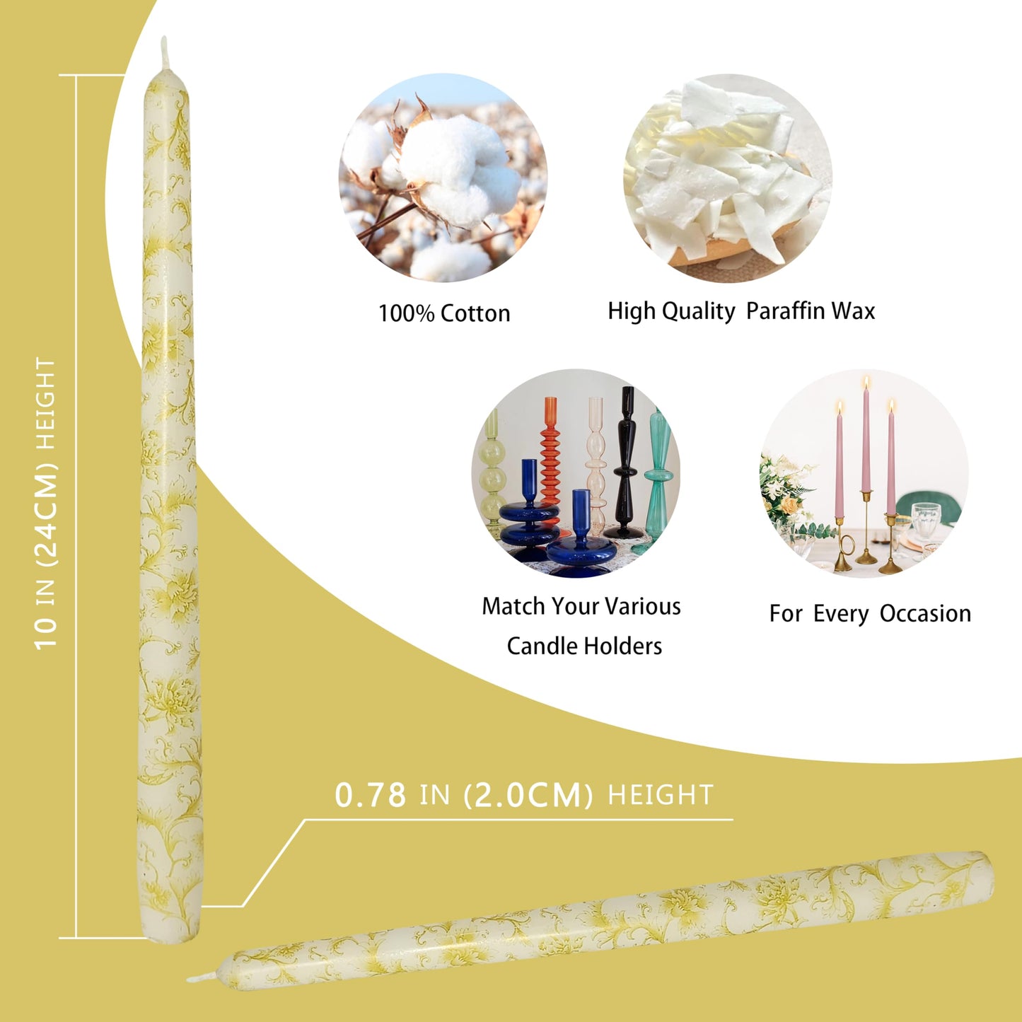10 Inch Taper Candles Print Candle Sticks Handmade Set of 2 Smokeless Long Candle Unscented Tapered Candles for Wedding Easter Decoration(Chrysanthemum)