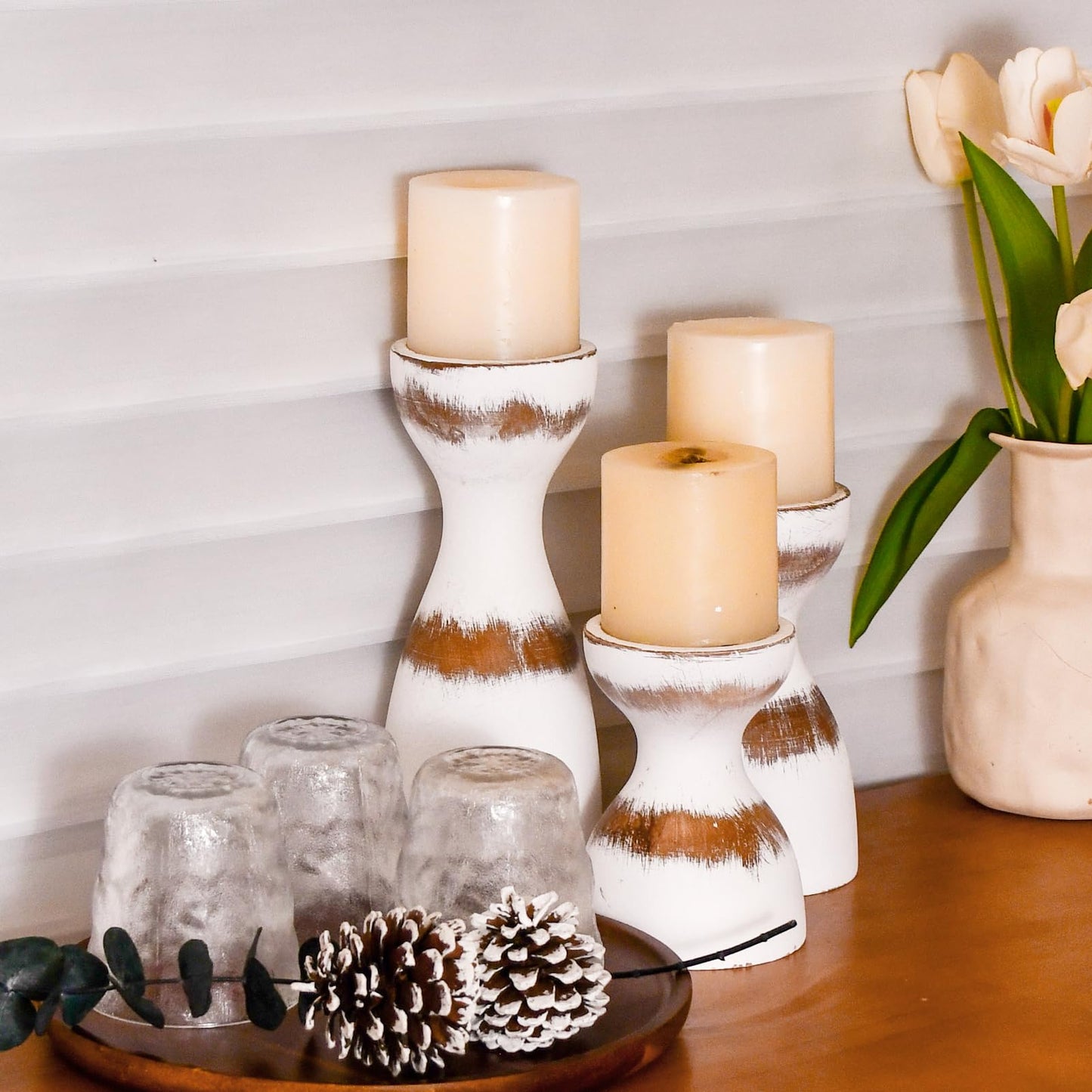 Set of 3 Farmhouse Wooden Candle Holders for Pillar Candles, White Distresse Rustic Wood Pillar Candle Stands with Hemp Rope Bow Table Centerpiece Decor for Fireplace, Living, and Dining Room