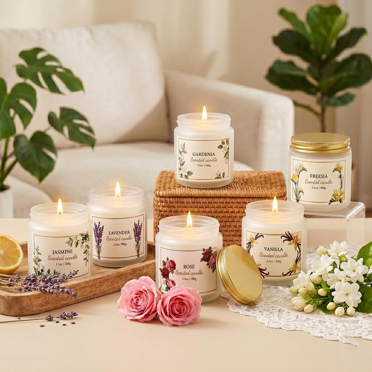 6 Pack Scented Candles for Women – Lavender, Vanilla, Gardenia, Rose, Jasmine, Freesia Floral Scents, 21oz Natural Soy Wax Aromatherapy Candles for Relaxation Stress Relief & Birthday Gifts for Women