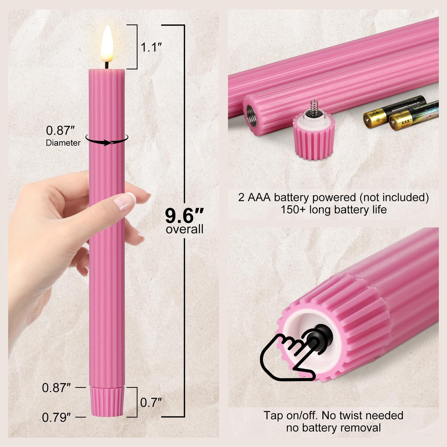 Girimax Hot Pink Ribbed Fluted Flameless Taper Candles with Remote, Flickering Battery LED Wax Candlesticks Wedding Home Decor Set of 4