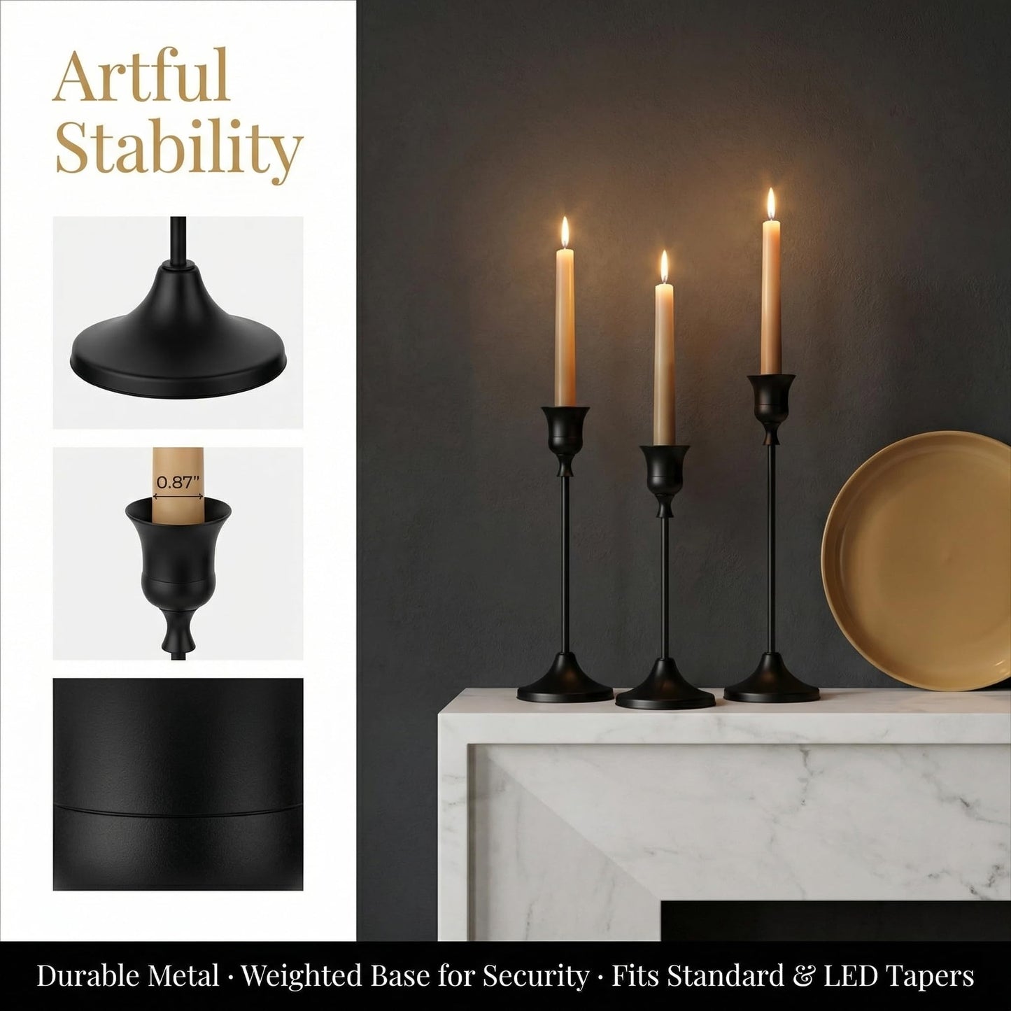 2 Sets(6 Pcs) Black Tapered Candle Holder,Candlestick Tall Metal Candlestick Holders for Table Centerpiece Home Decor for Wedding Fireplace Mantel Housewarming Gift Fits 3/4 Inch Thick Candles