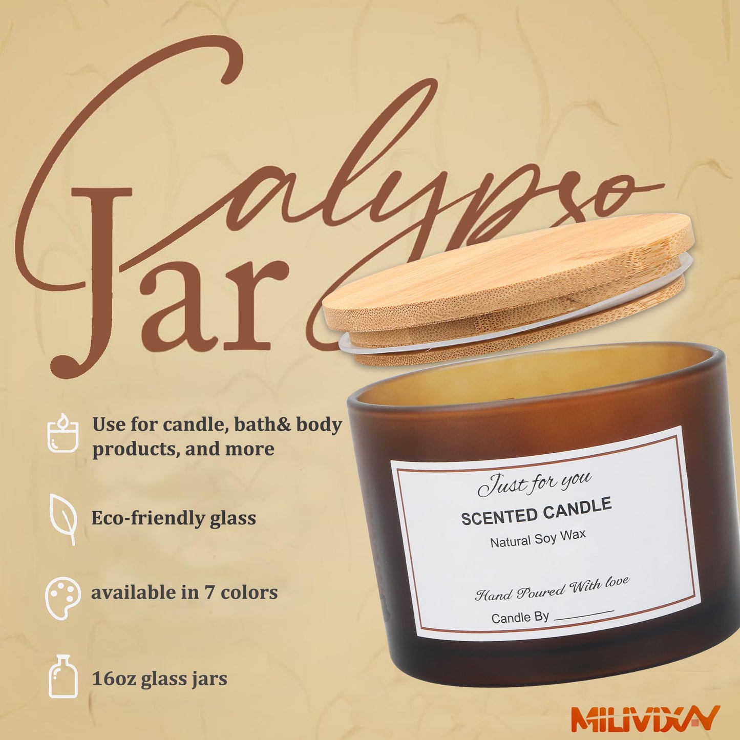 MILIVIXAY 6 Pack 16 oz Candle Jars with Bamboo Lids and Candle Making Kits - 3 Wick Candle Jar,Bulk Empty Frosted Amber Thick Glass Jars for Making Large Candles - Spice, Powder Containers.