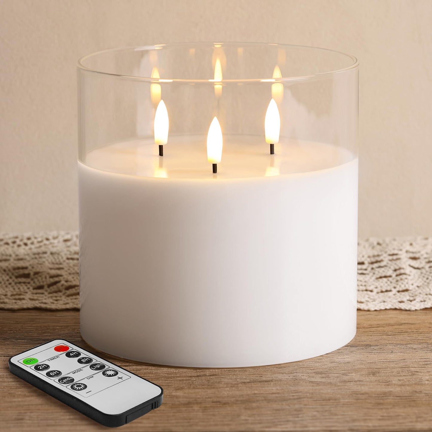 Eywamage 3 Wick Clear Glass Flameless Candle with Remote, Large Flickering LED Battery Pillar Candle Φ 6" H 6"