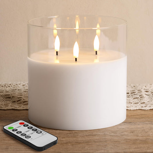 Eywamage 3 Wick Clear Glass Flameless Candle with Remote, Large Flickering LED Battery Pillar Candle Φ 6" H 6"