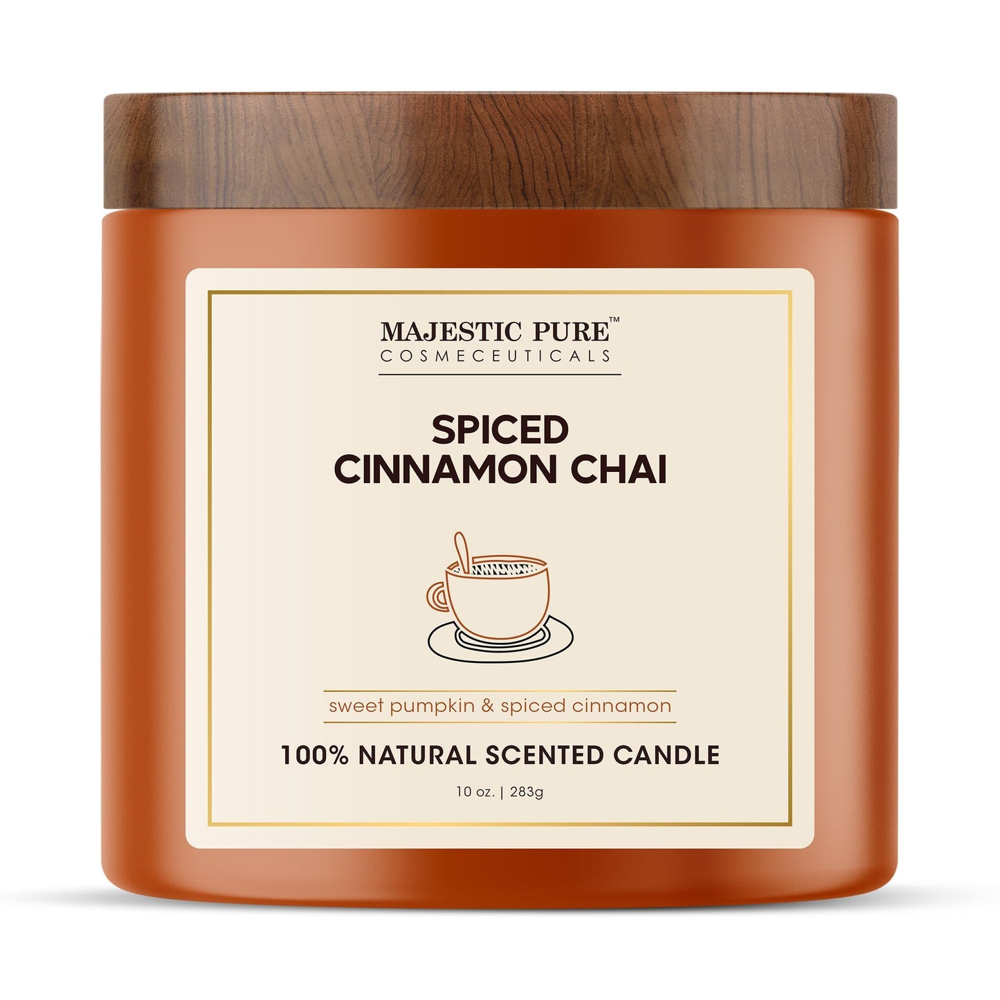 Majestic Pure Pumpkin Cinnamon Scented Candle with Upto 45+ Hrs Burn Time, 2-Wick Candle, Soy Wax Blend for Cleaner Consistent Burn, 10 oz Jar Candle with Room Filling Fragrance, Spiced Chai