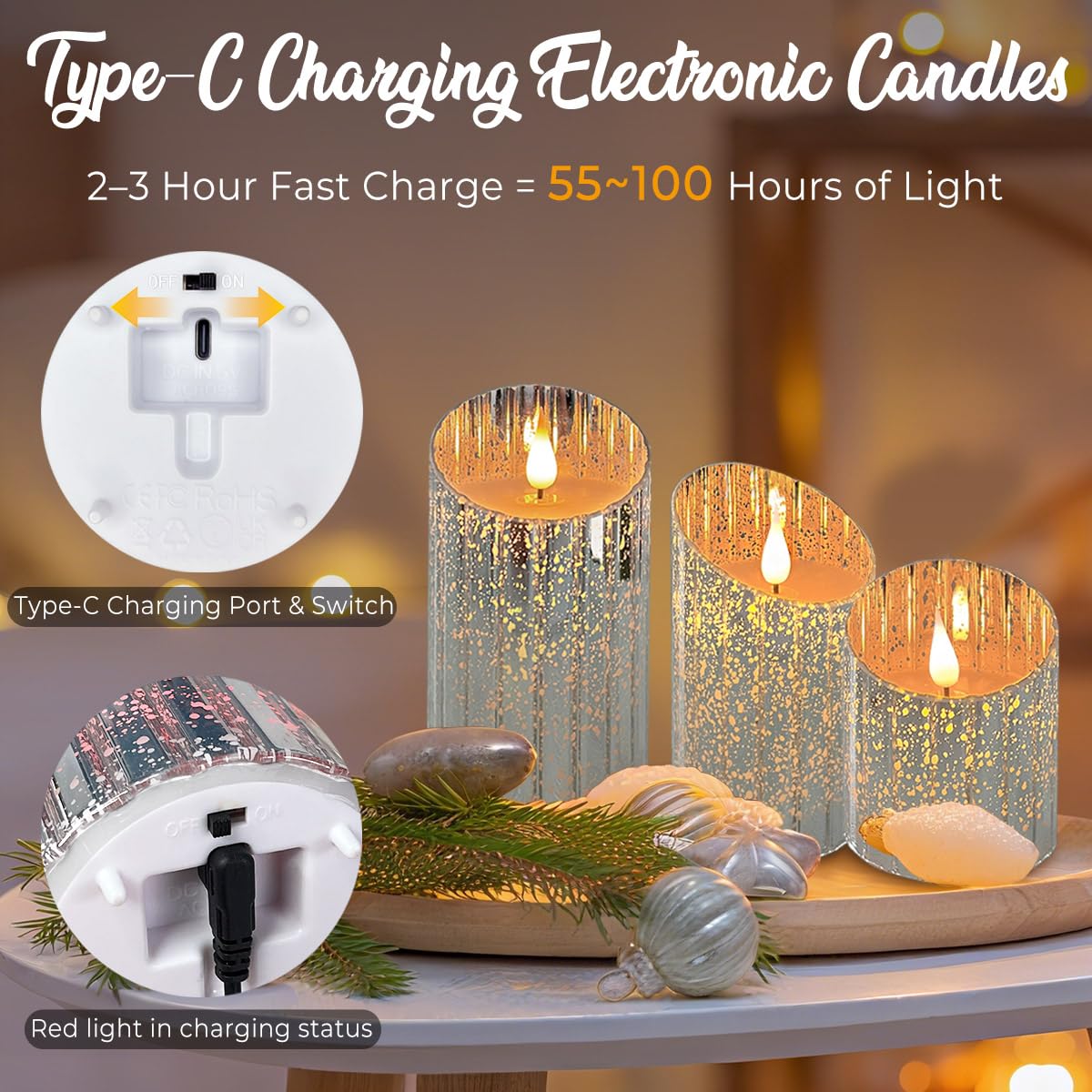 LEDHOLYT Rechargeable Flameless Candle, Flickering LED Pillar Glass Fake Candle with Remote and Timer, Built-in Battery Real Wax Electronic Candle for Room Decoration, Set of 3