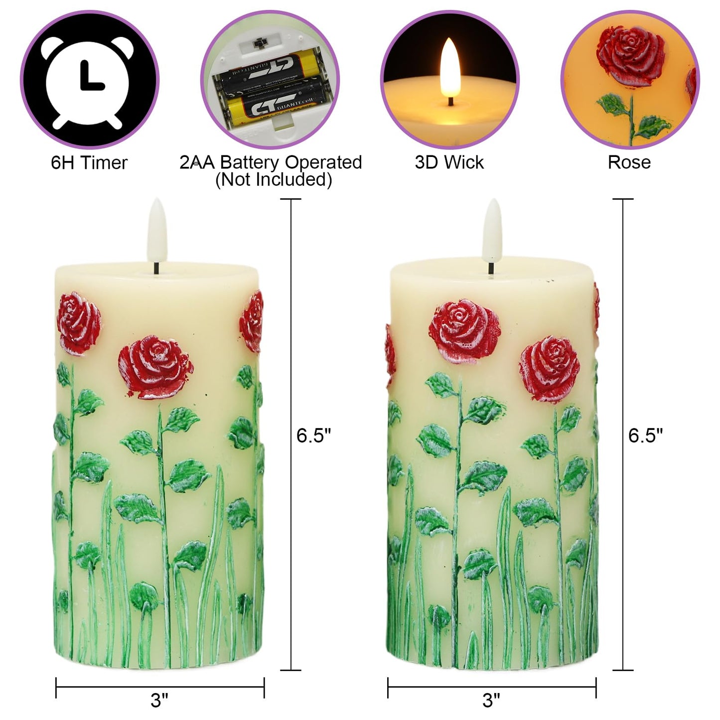 Eldnacele Rose Flameless Candles with 6 Hour Timer, Battery Operated Hand Painted 3D Wick Flickering Real Wax LED Pillar Candles for Spring Dinner Christmas Holiday Decor((2Pcs, D3×H6.5)