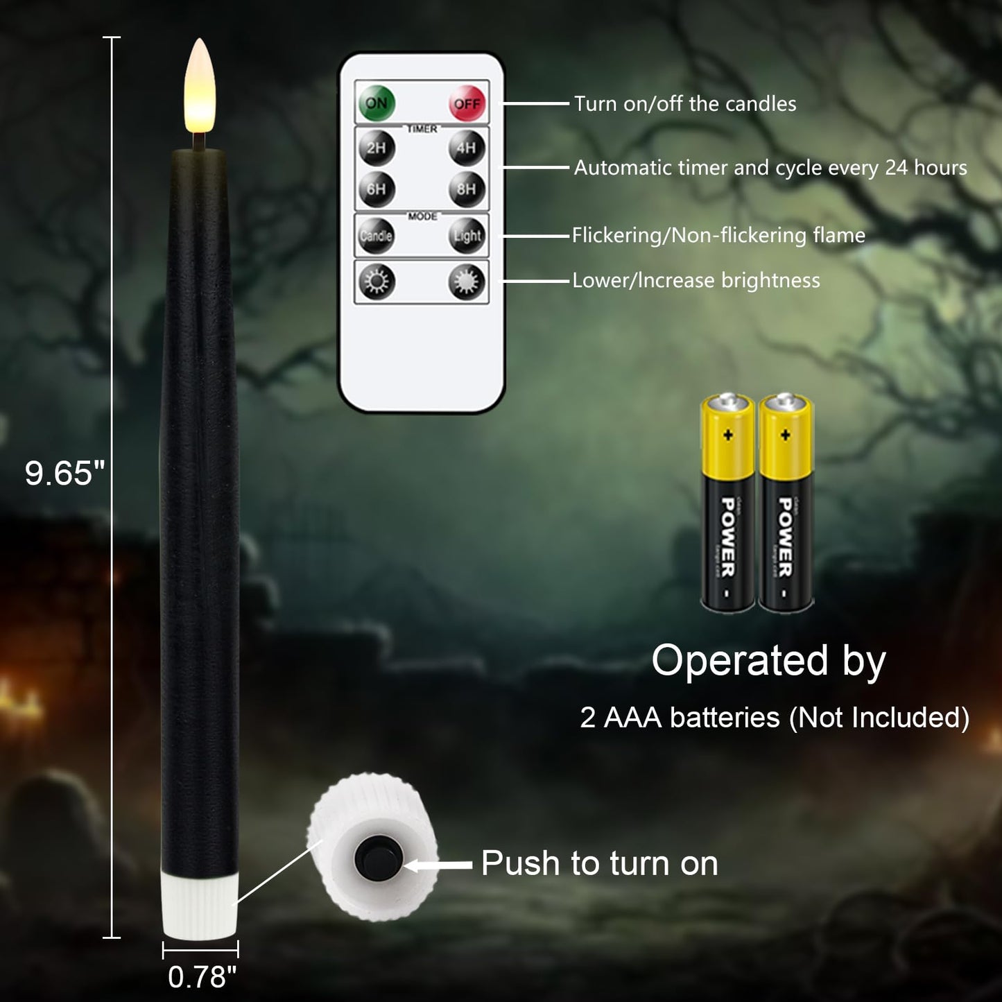 GenSwin Black Flameless Taper Candles with Remote, Halloween Flameless Candles Flickering Battery Operated, Real Wax LED Halloween Candlesticks with 3D Wick for Home Decor(Set of 3, 0.78” x 9.65”)