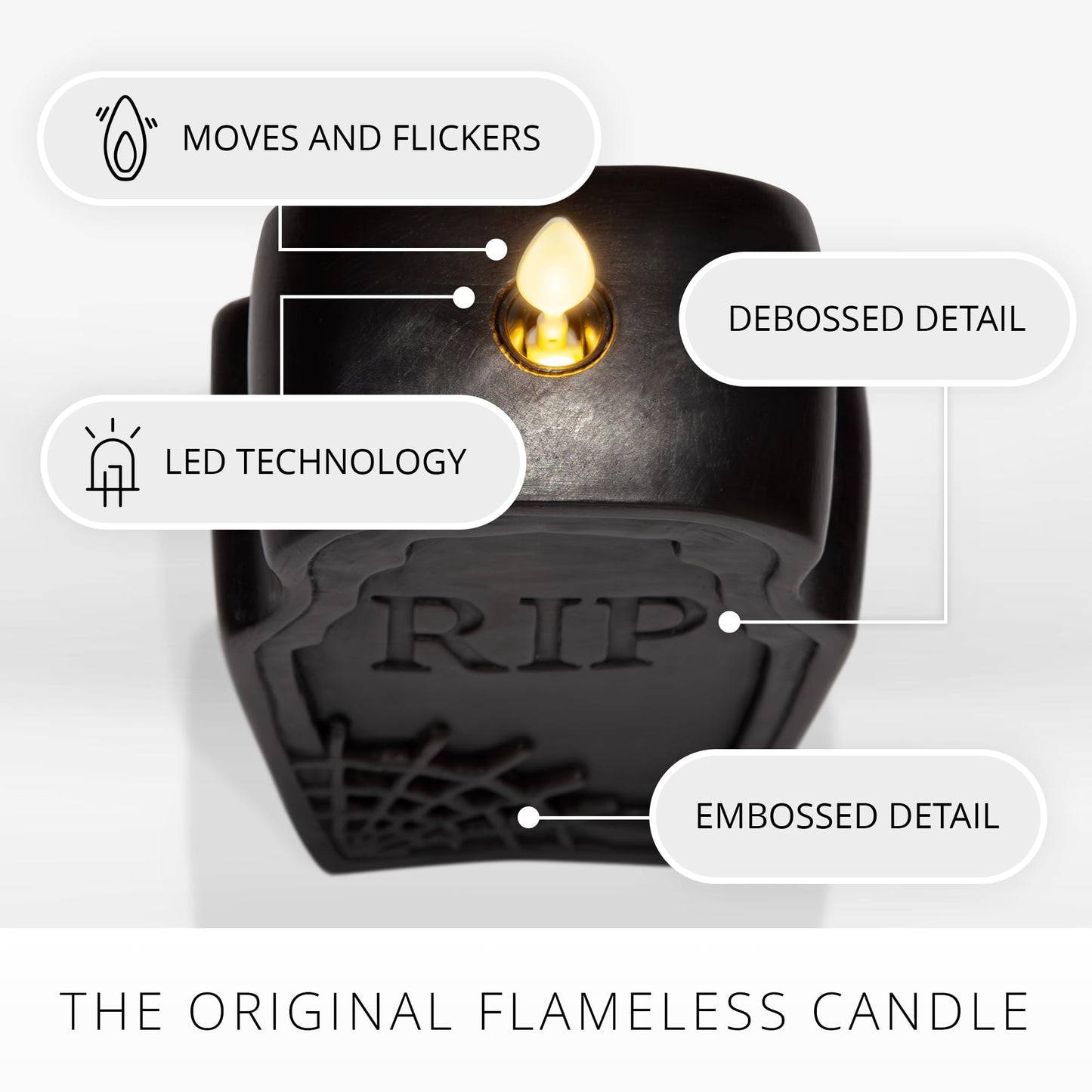 Luminara Black Flameless Candle RIP Tombstone Figural (2" x 5.5") Moving Flame Battery Operated LED Candle Lights Halloween Decoration