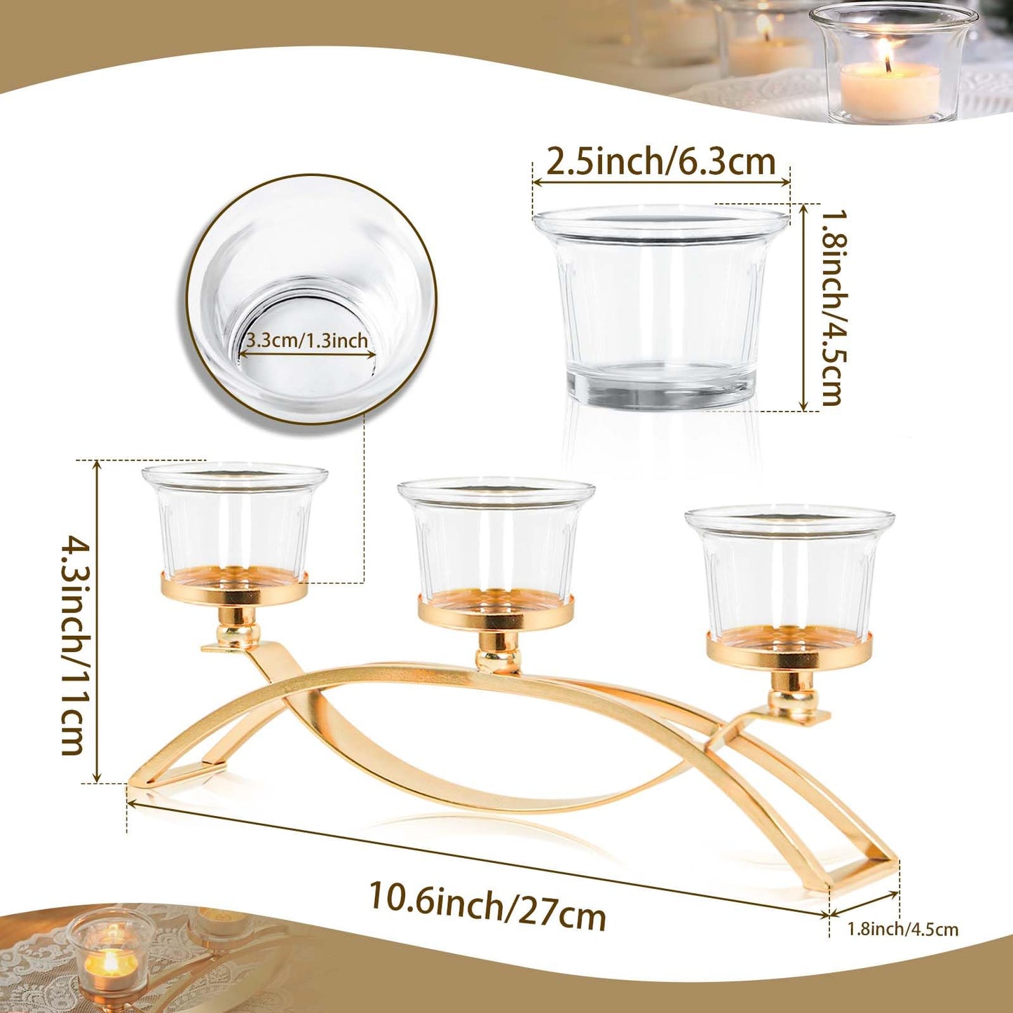 3-Arm Metal Tea Light Candle Holder Set with 5 Glass Cups, Votive Candle Holders Centerpiece Candelabra for Wedding Table Decor, Home Gatherings and Holidays (Gold, 5 Cups)