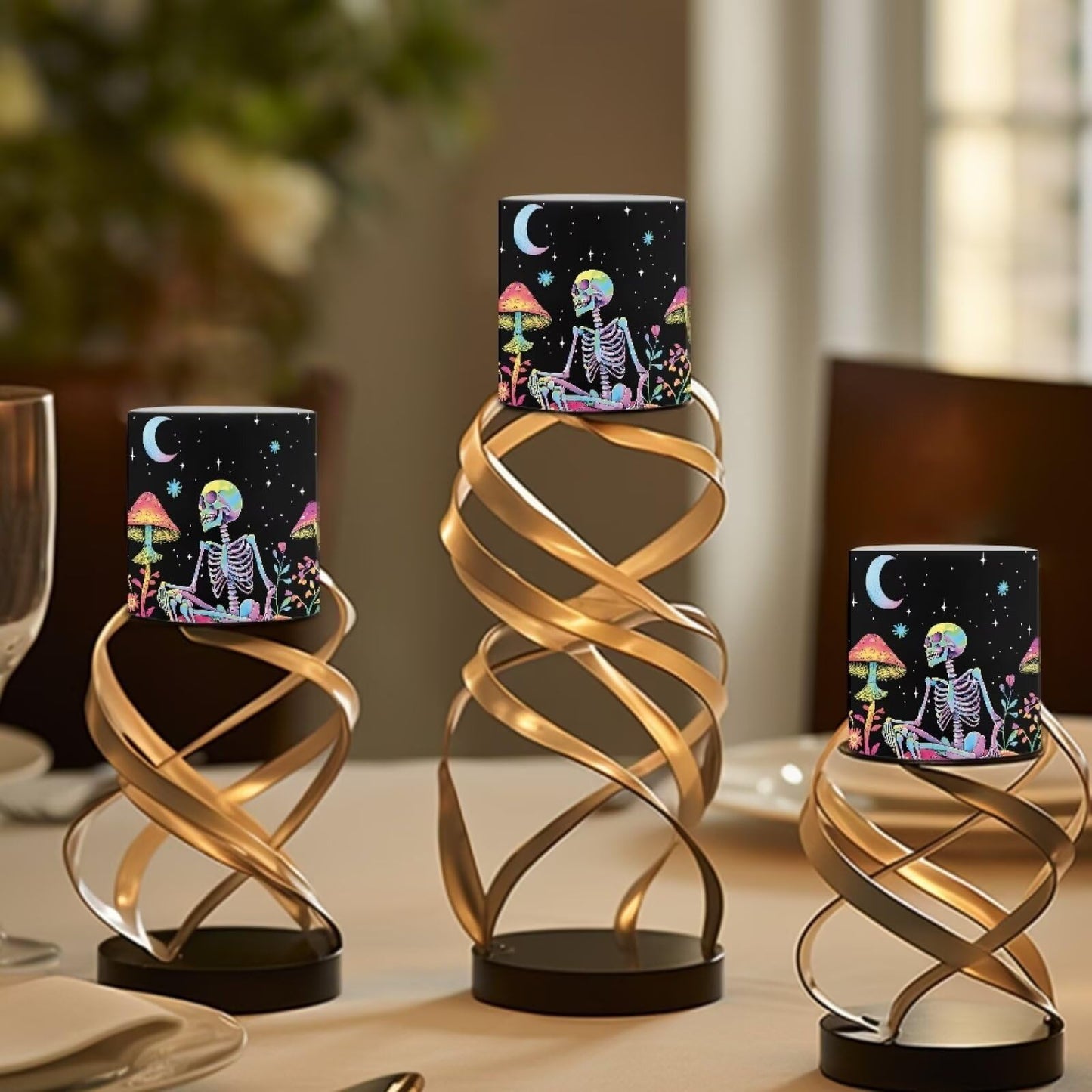 Merkmak Flickering Flameless Candles with Remote Battery Operated Candles with Timer Control 4Pcs LED Pillar Tea Lights for Party Banquet Home Decor, Skeleton Mushroom Moon