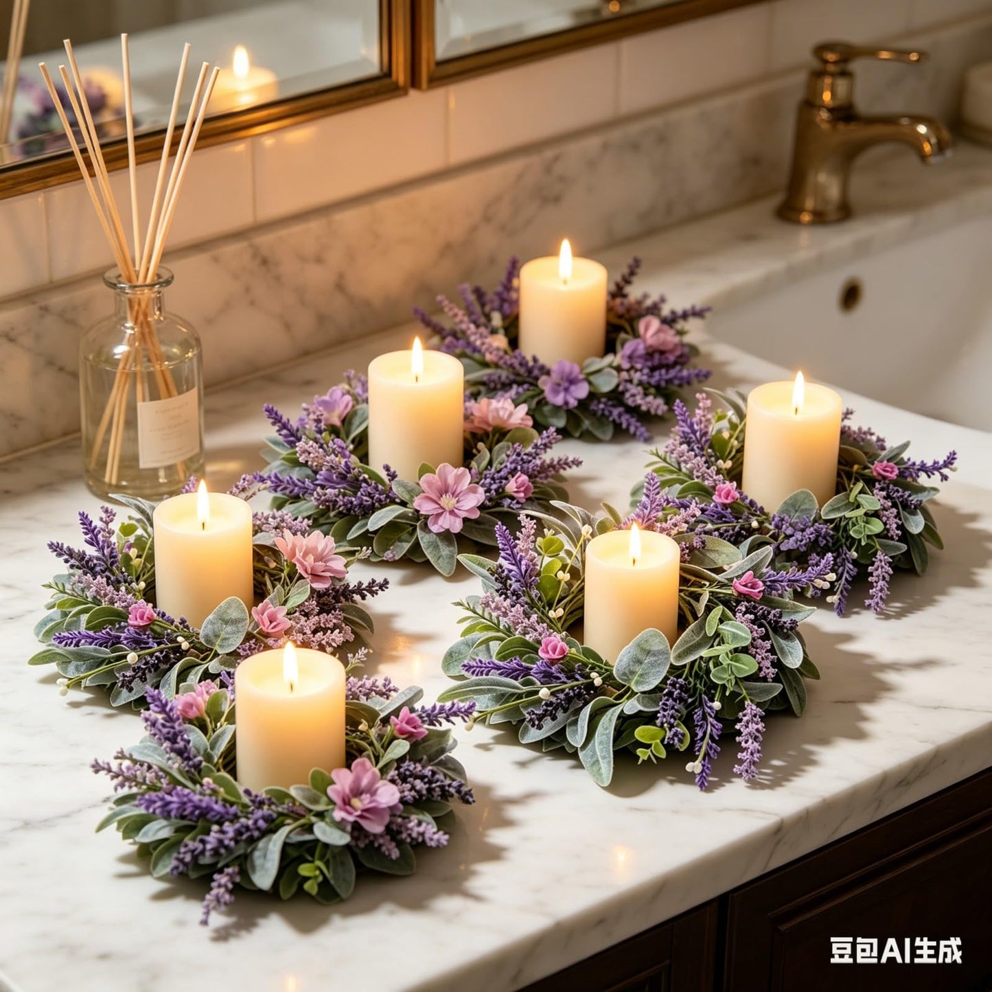 8 pcs Mini Lavender Candle Rings Wreaths Purple Daisy Pillar Holder Wreath Artificial Wild Flower Spring Summer Floral Wreath for Farmhouse Porch Cabinets Table Decoration