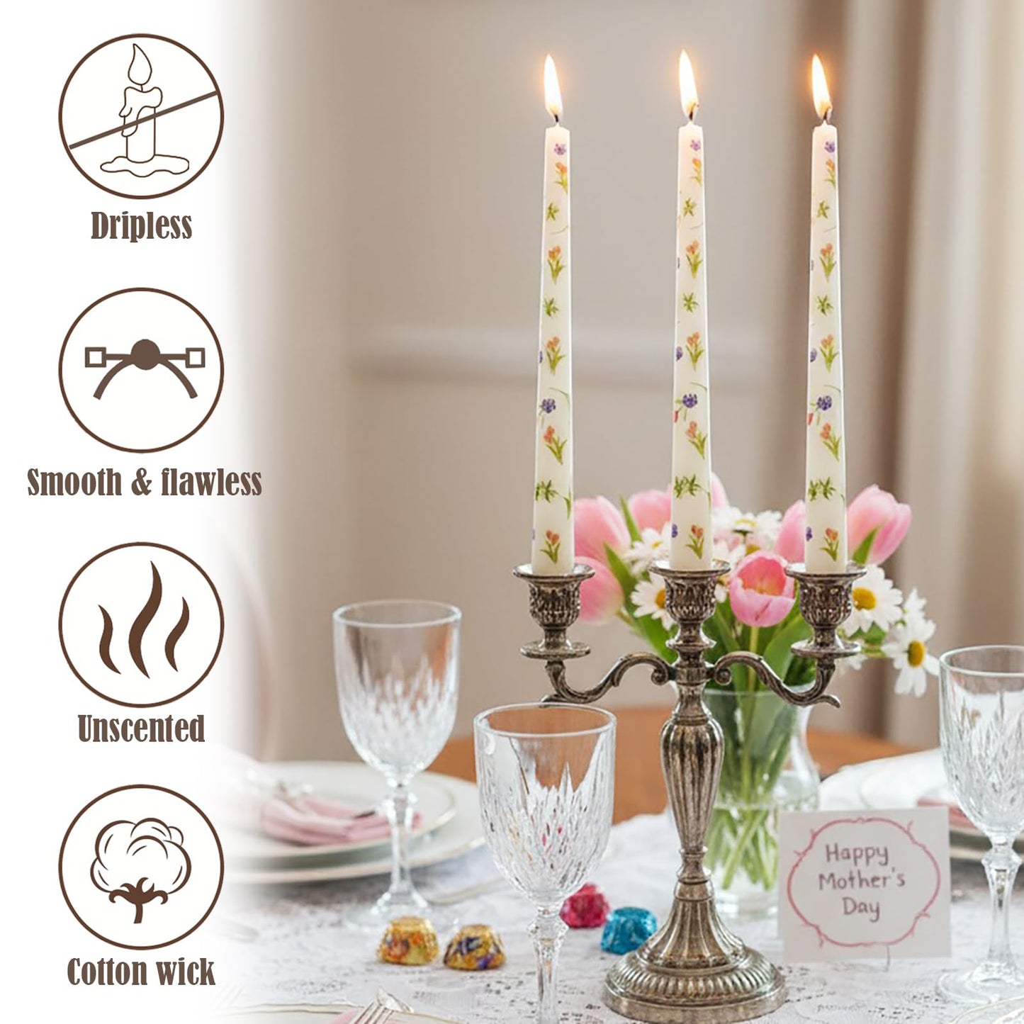 W&LESVAGO 4 Pcs Tulips Print Taper Candles, 10 Inch Ivory Dripless Long Candles Set for Wedding Anniversary Home Decoration Dinner Party (Tulips)