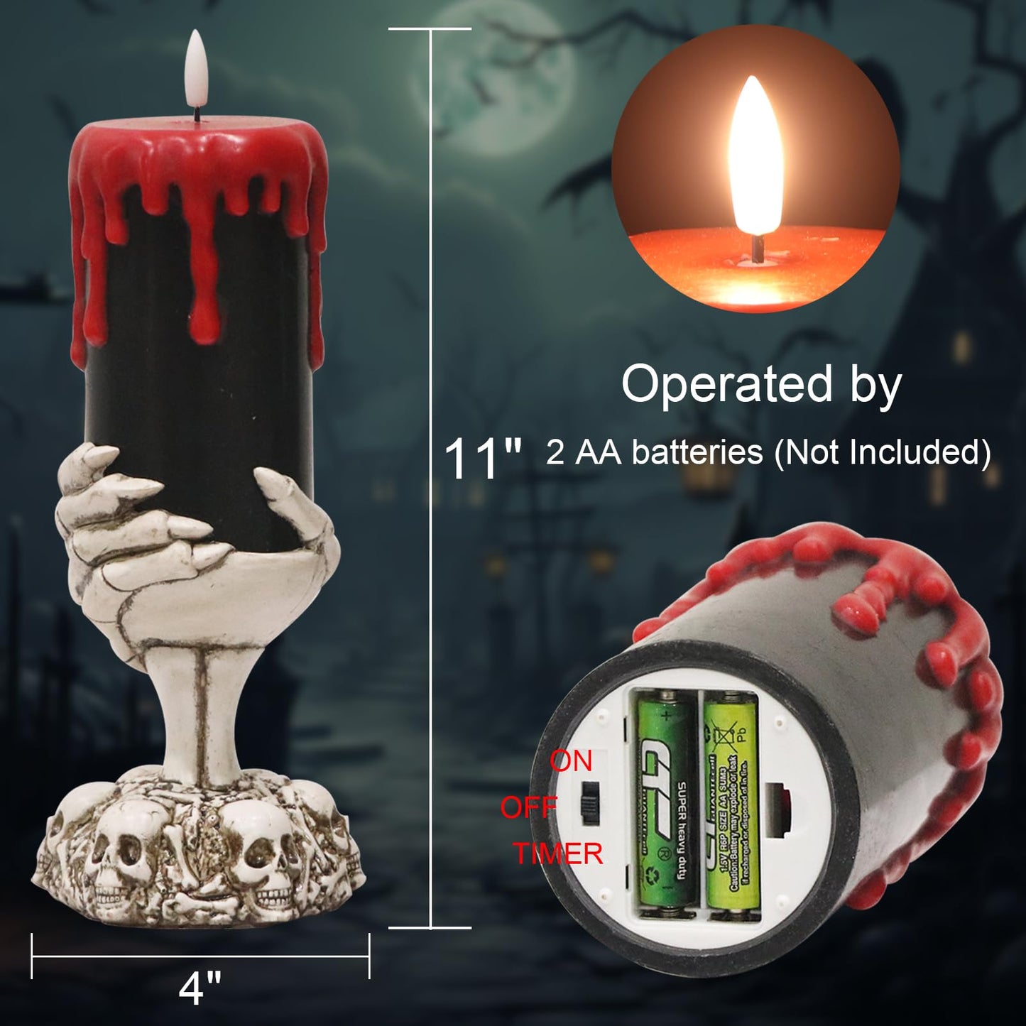 DRomance Black Flameless Flickering Candles with Timer, Blood Dripping Wax Effect Battery Operated LED Pillar Candle with Skeleton Hand Candle Holder Halloween Table Centerpiece Decor(4" x 11")
