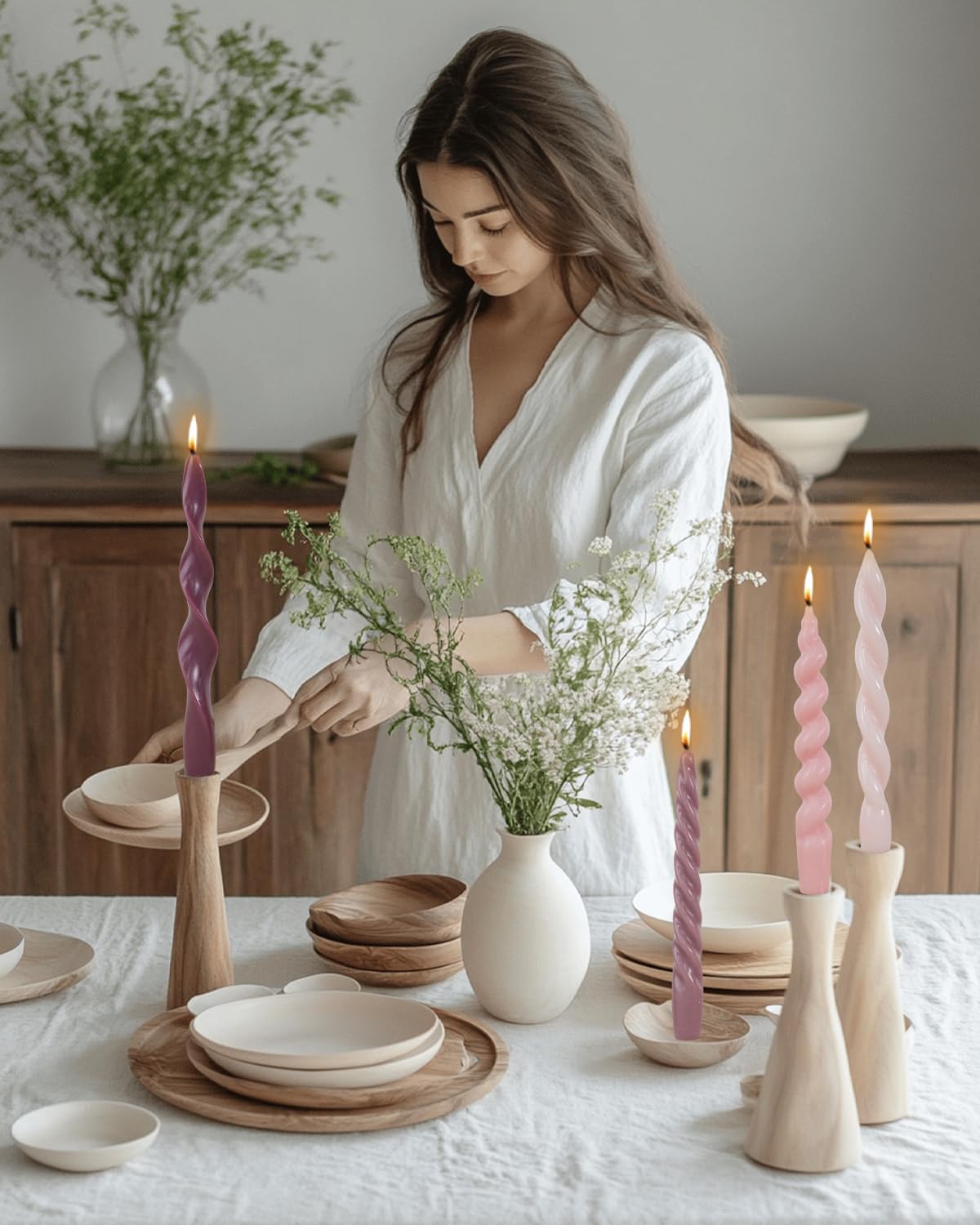 Pink Spiral Taper Candles Short Candle Sticks Unscented Smokeless Twisted Candlesticks for Christmas Table Decor Holiday Dinner Party-7.5inch-4pack