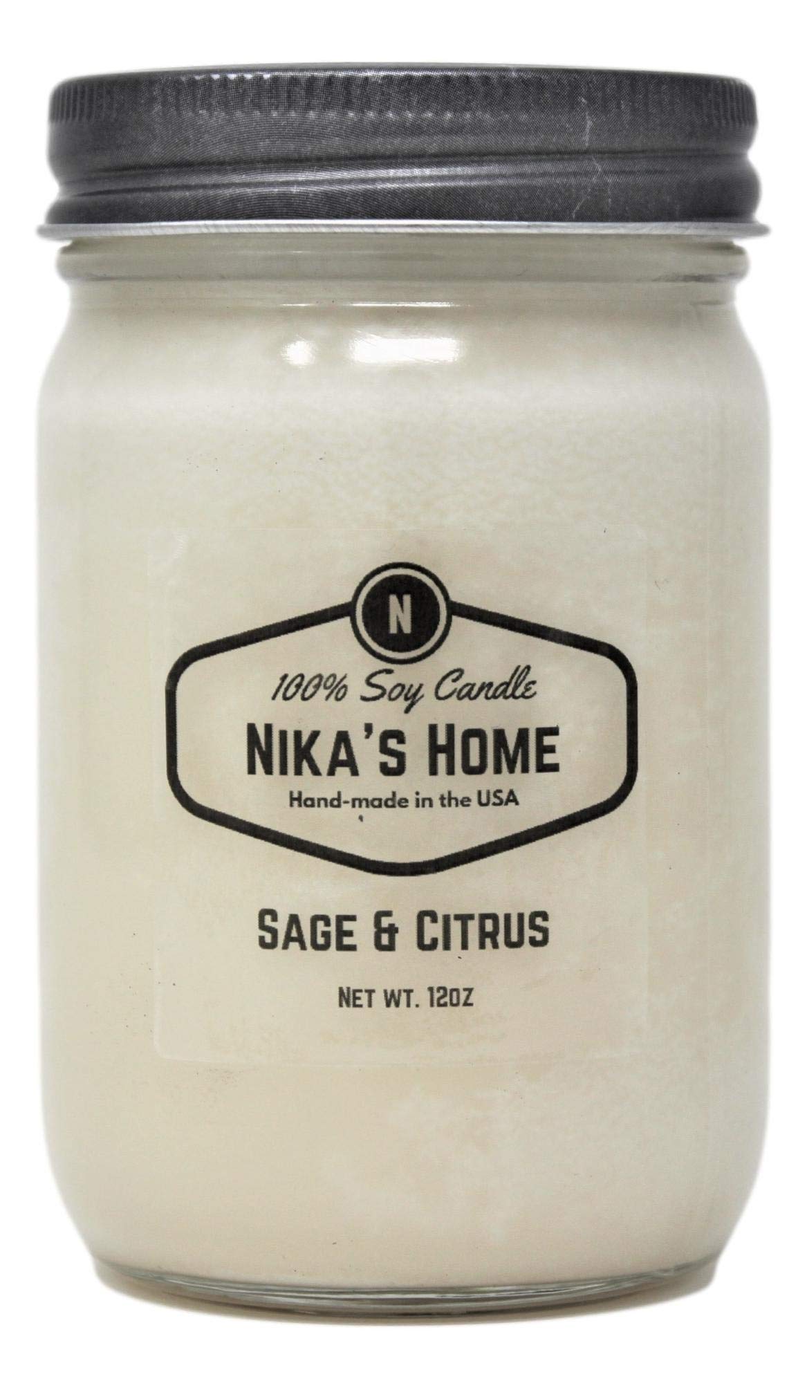 Nika's Home Sage & Citrus Soy Candle - 12oz Mason Jar - Non-Toxic - Hand Poured in The USA, Long Burning 50-60 Hours Highly Scented All Natural, Clean Burning