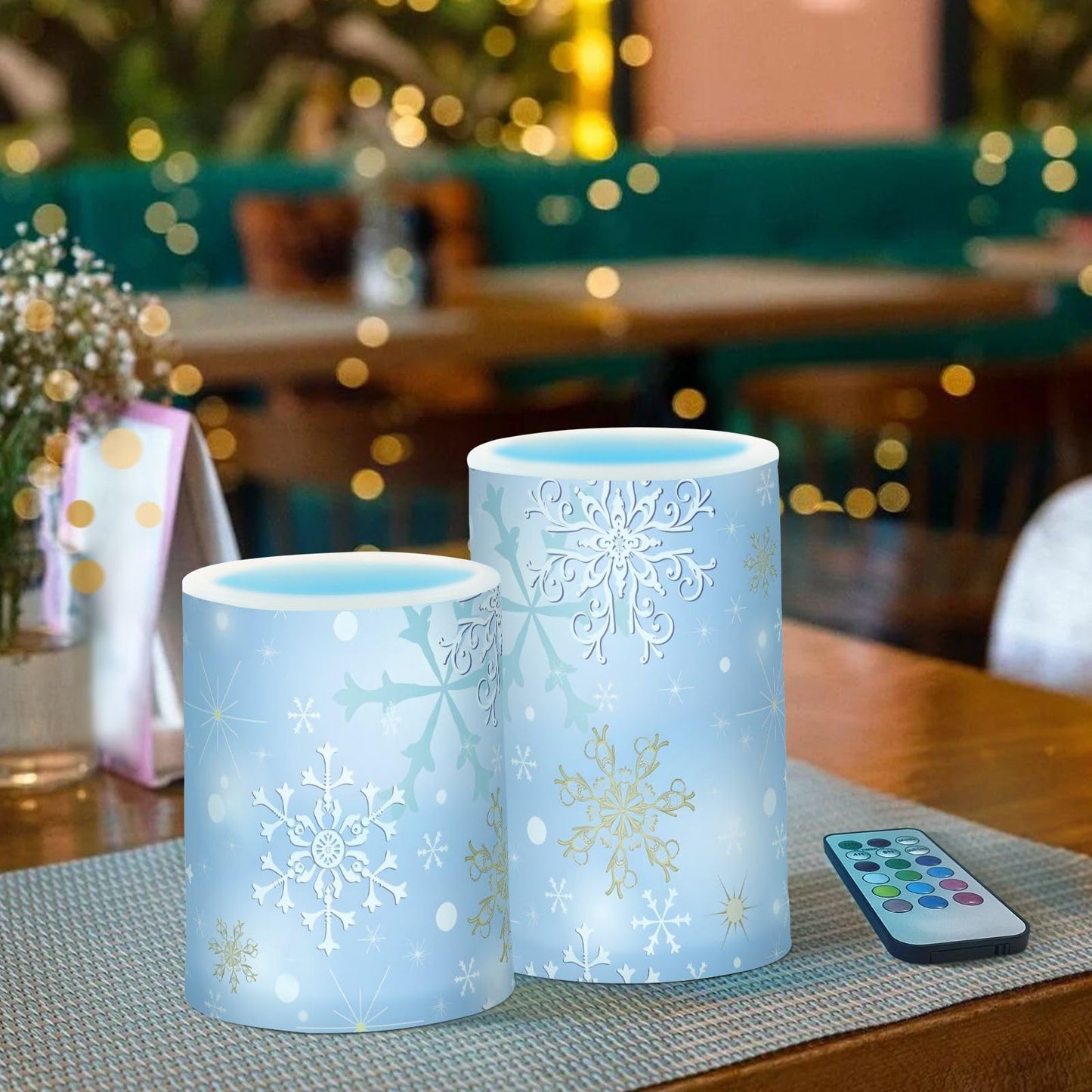 Christmas Lights Decorations Flameless Candles Christmas Silver Snowflake Pillar Candles Set of 2 Battery Operated Remote Control Warm Lights