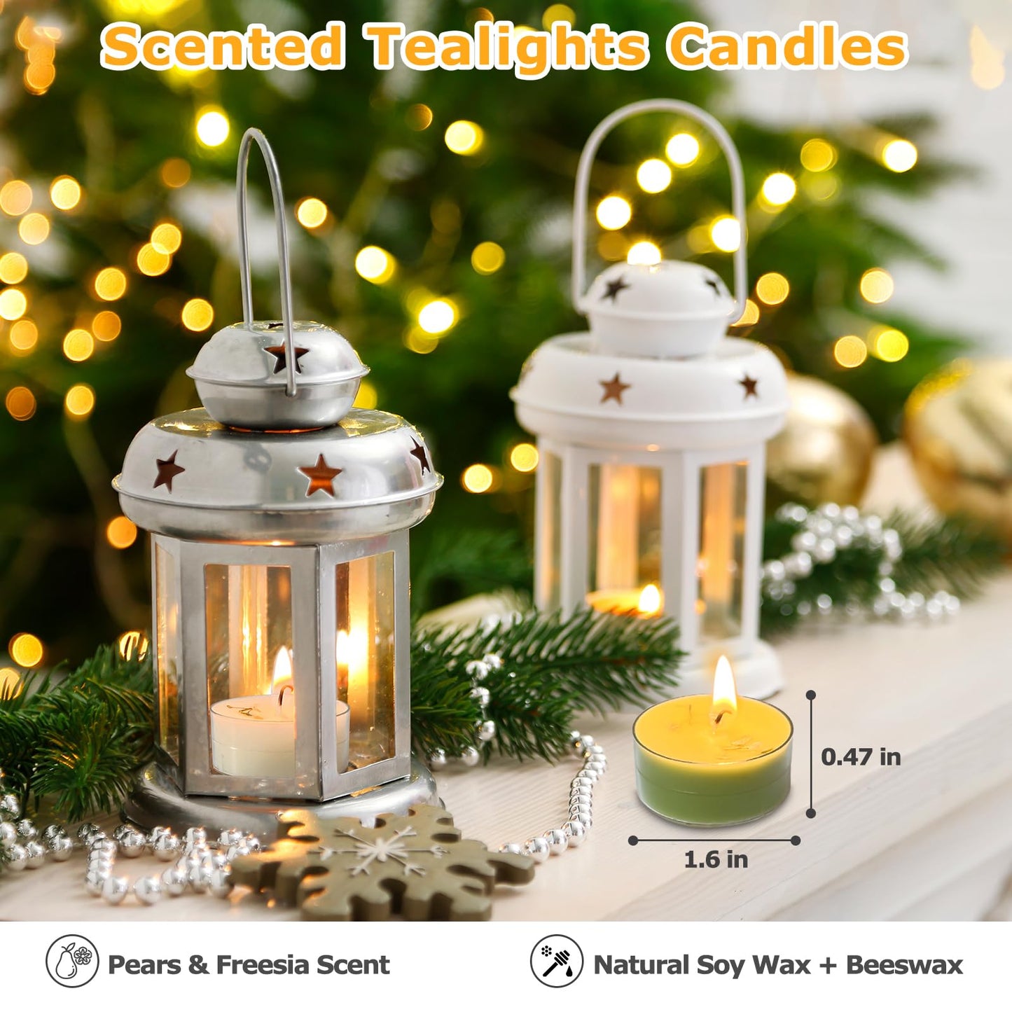 English Pear & Freesia Scented Tea Lights, 4-Pack White & Green Beeswax Soy Wax Tealight Candles with Dried Flower Decoration, Long-Lasting, Ideal for Relaxation, Spa, and Gifts