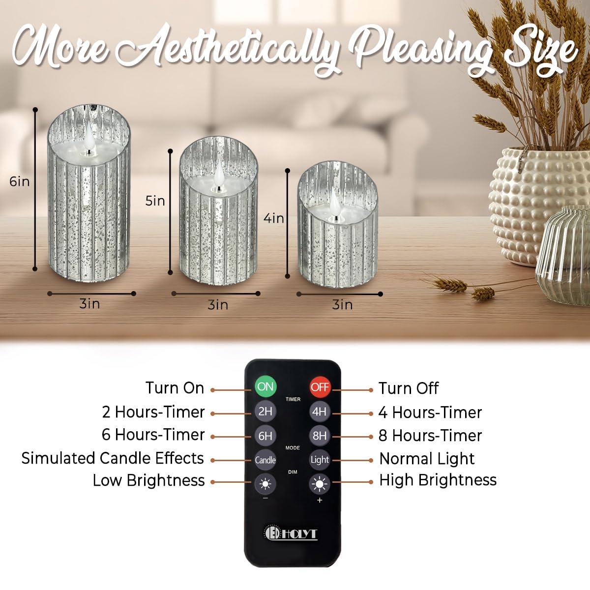 LEDHOLYT Rechargeable Flameless Candle, Flickering LED Pillar Glass Fake Candle with Remote and Timer, Built-in Battery Real Wax Electronic Candle for Room Decoration, Set of 3