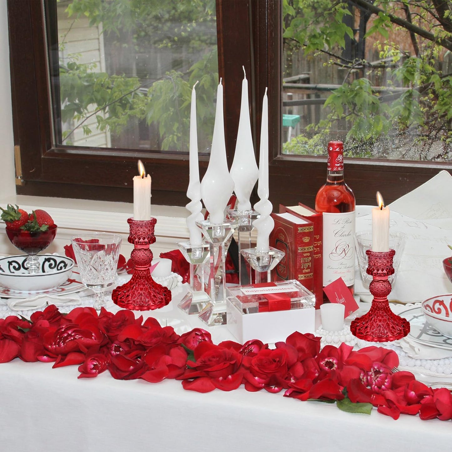 Glass Candlestick Holders Set of 2，Taper Candle Holders Fit 0.8 Inch Candles, Crystal Decorative Candle Stand Centerpiece for Table Wedding Dinning Party 4 Inch Tall (Red)