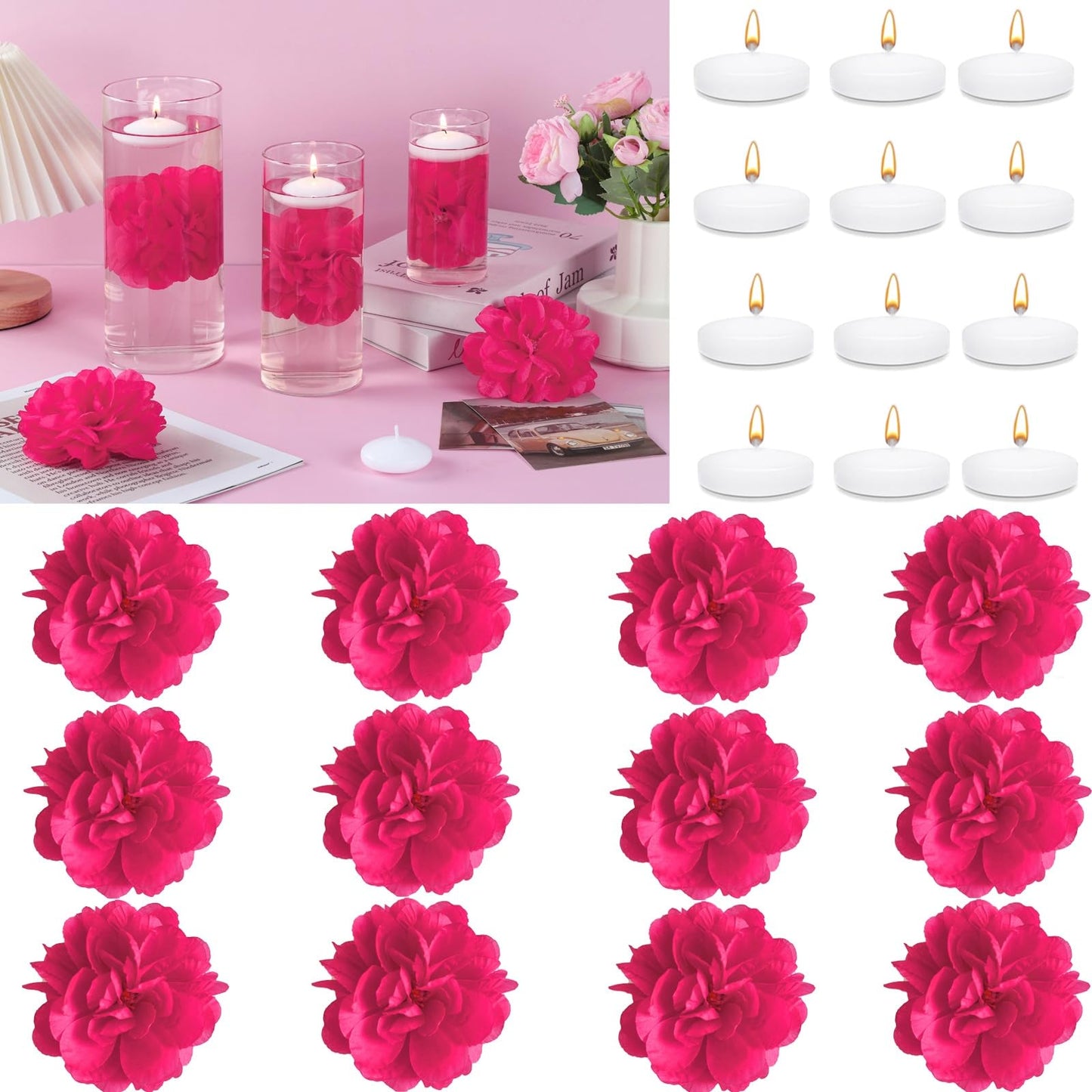 ZJGXH 24 Pcs Floating Candles for Centerpieces and Floating Flowers Vase Fillers for Centerpieces Rose Red Artificial Flowers for Wedding Table Party Home Decoration