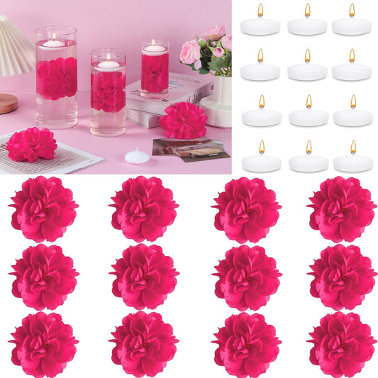 ZJGXH 24 Pcs Floating Candles for Centerpieces and Floating Flowers Vase Fillers for Centerpieces Rose Red Artificial Flowers for Wedding Table Party Home Decoration