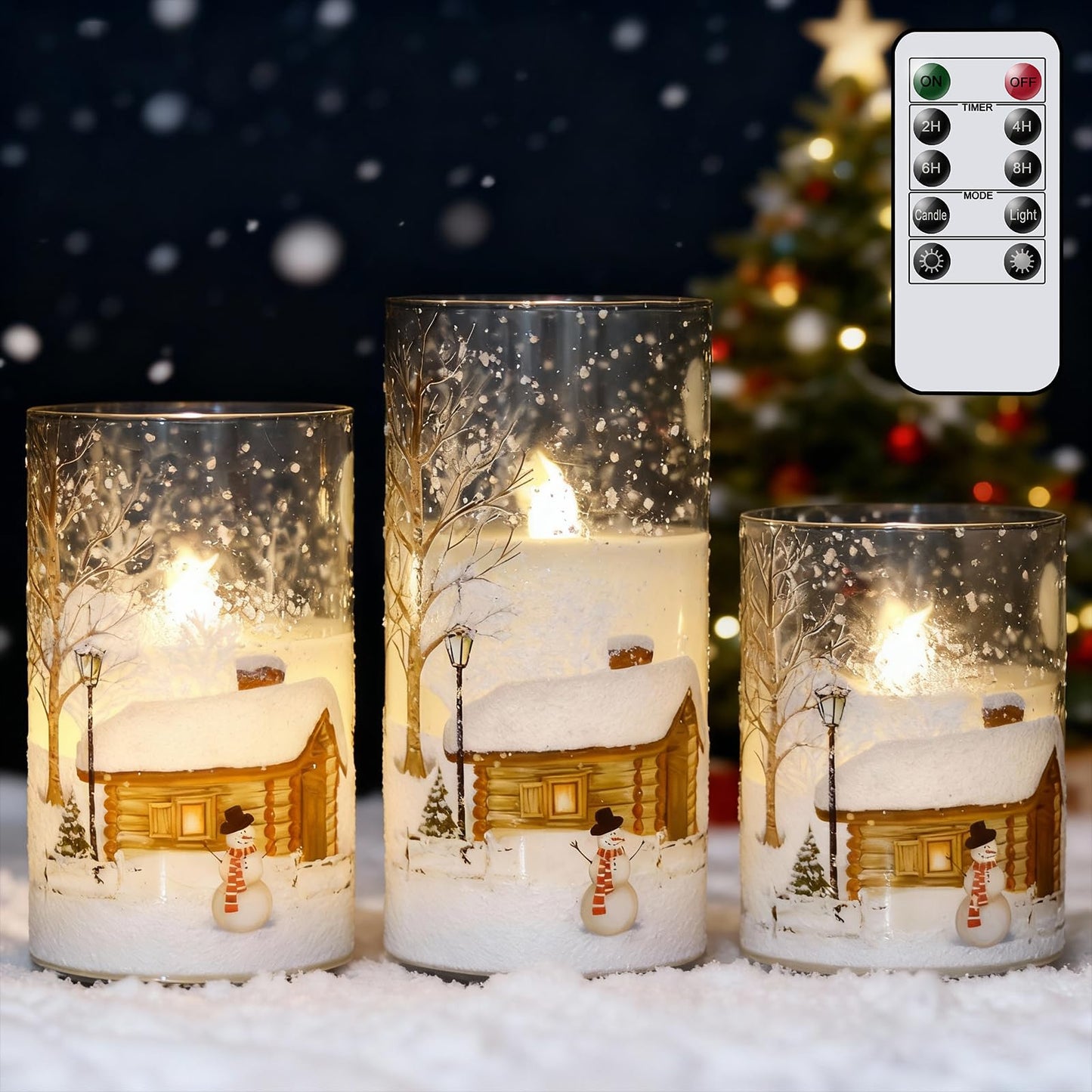 Lasumora Snowman Glass Flameless Candles with Remote Timer, Real Wax LED Pillar Candles Flickering, Battery Operated 3D Wick Candles for Home Décor Christmas Gifts (Pack of 3, D3” x H 4” 5” 6”)
