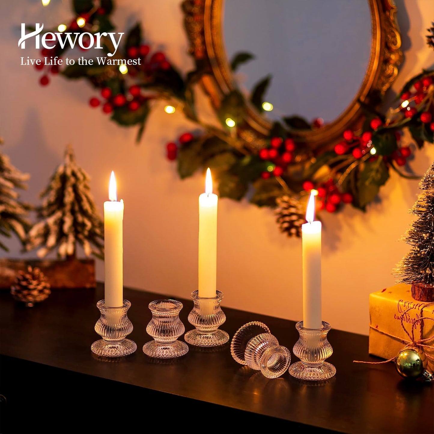 Hewory Glass Taper Candle Holders: 20PCS Clear Candle Holder Candlestick Holders, Crystal Ribbed Candle Sticks Holder Decor for Table Centerpiece Wedding Advent Wreath Christmas Thanksgiving Dinner