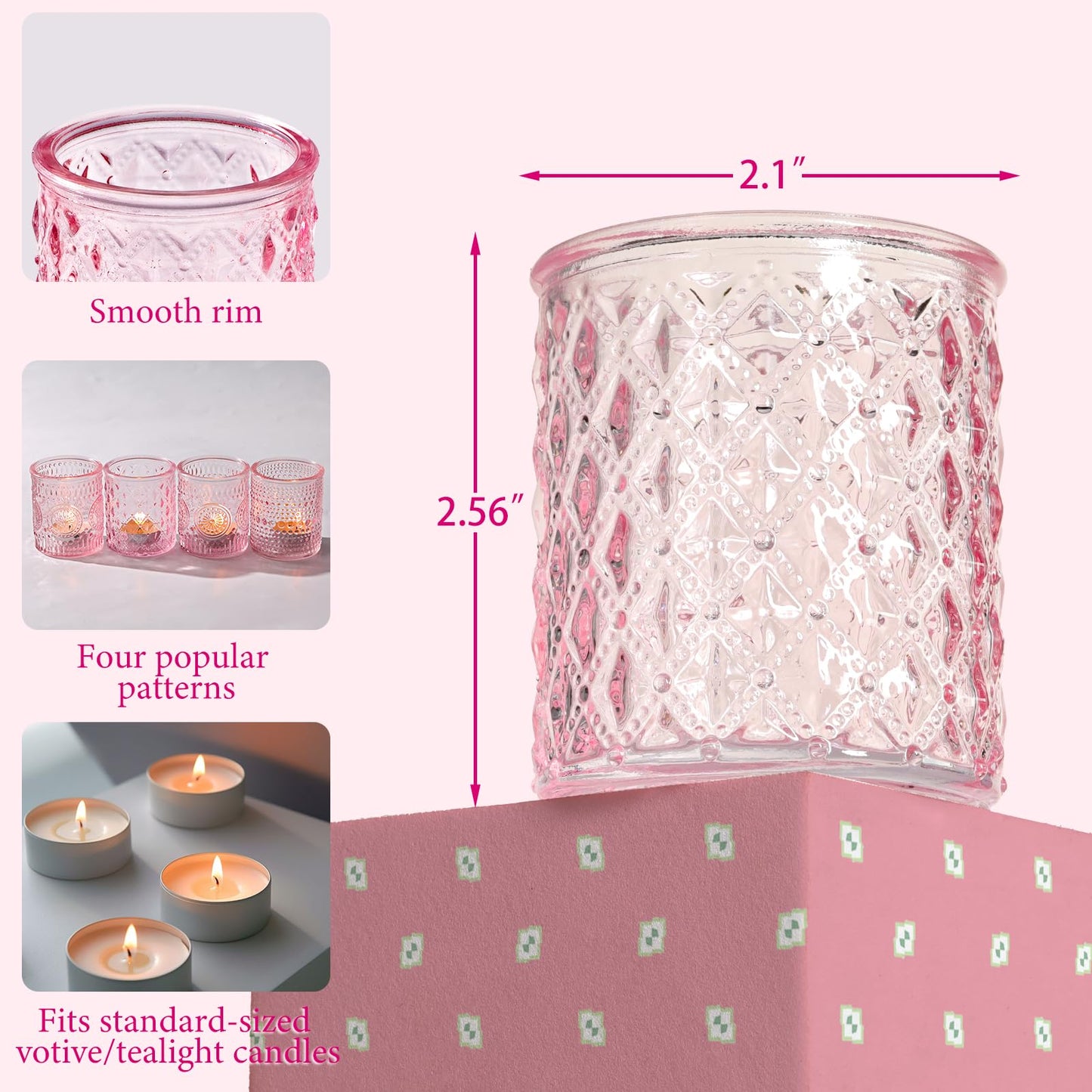 LETINE Set of 16 Pink Votive Candle Holders, Glass Tea Light Candle Holder with 4 Retro & Floral Patterns, Decorative Candle Holders for Parties, Spring Summer Wedding Table Centerpieces & Home Decor