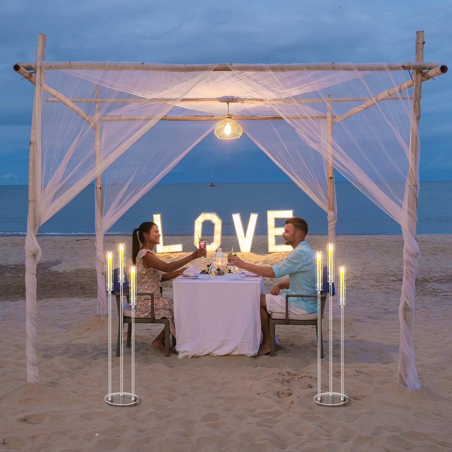 Havawish 6 Set Acrylic Candelabra Centerpieces 3 Arms with 18 LED Candles 42.5'' Floor Tall Candle Holders with Acrylic Shade Wedding Clear Table Candlesticks Stand Fit 0.8'' for Party