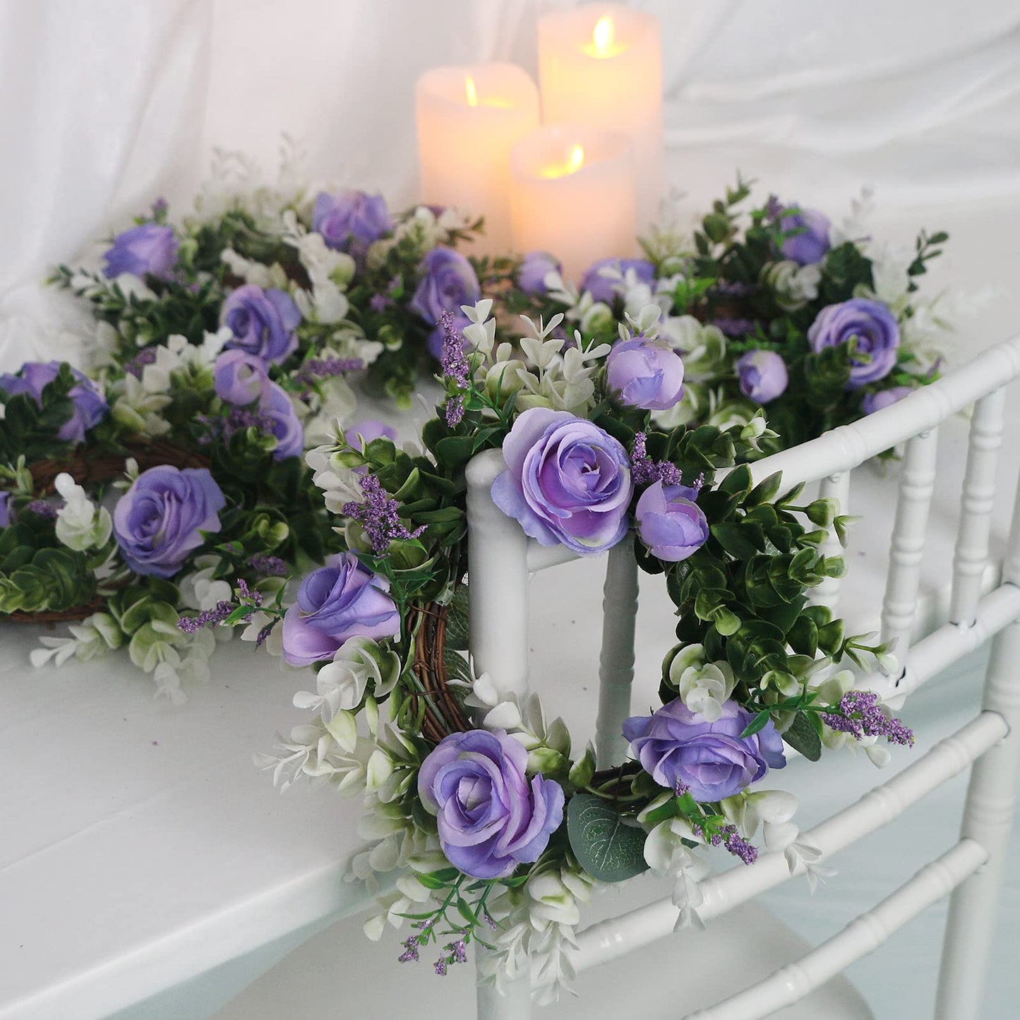 Acmee 4 Pcs Purple Rose Candle Rings - Artificial Floral Wreaths with Eucalyptus Leaves Greenery Flower Wreaths for Pillar Farmhouse Wedding Centerpiece Party Home Decor