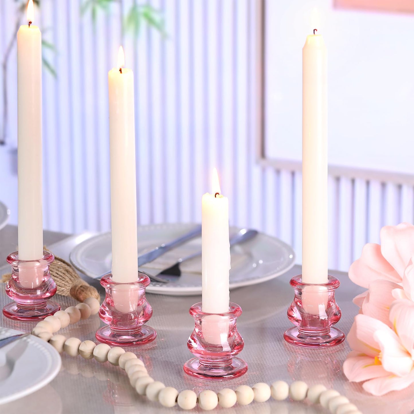 NITIME 12pcs Pink Candlestick Holders, Pink Glass Candle Holders for Pillar Candles, Taper Candle and Tealight Candles, Taper Candle Holders for Wedding, Table Centerpiece