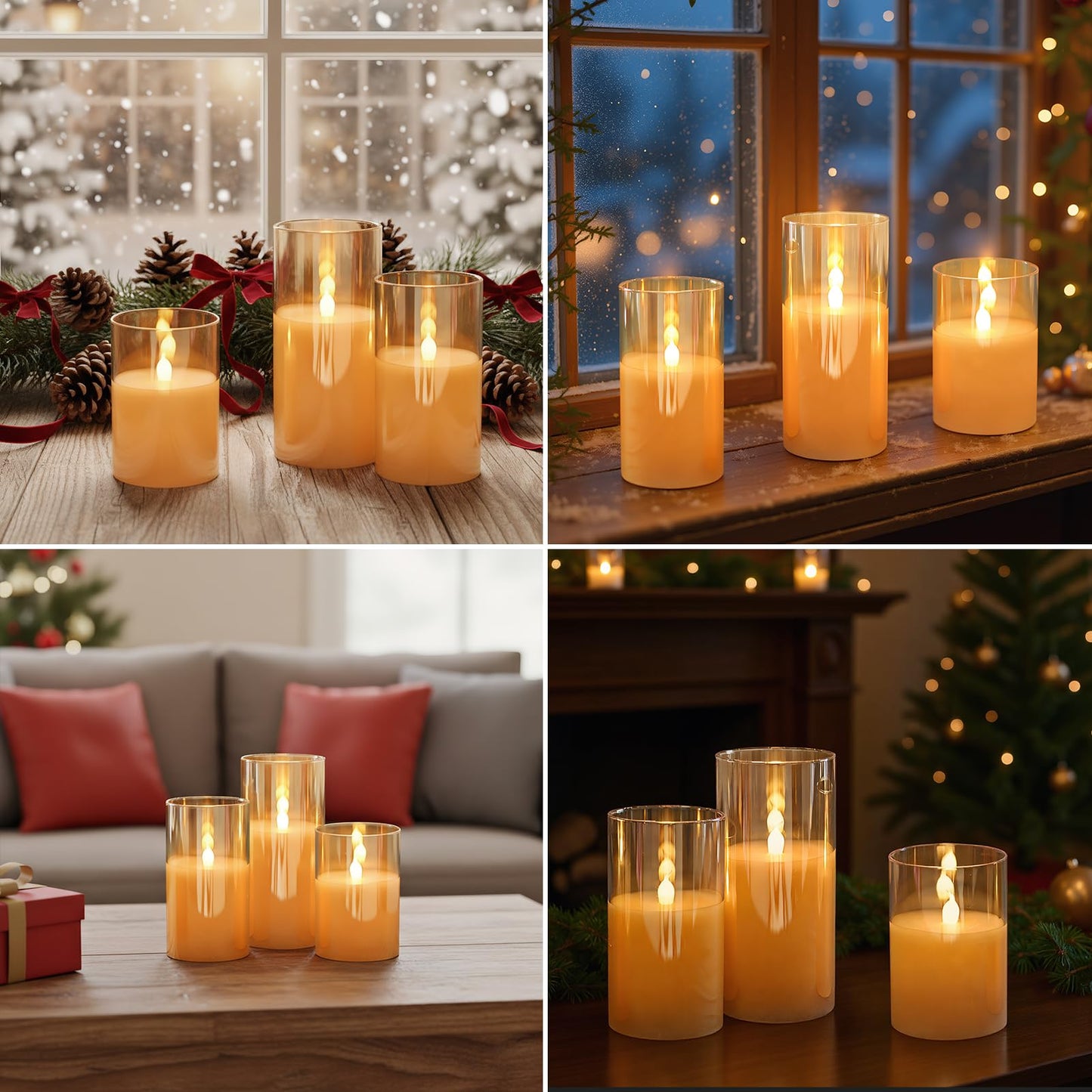 GenSwin Gold Glass Battery Operated Flameless Led Candles with 10-Key Remote and Timer, Real Wax Candles Warm White Flickering Light for Home Decoration(Set of 3)