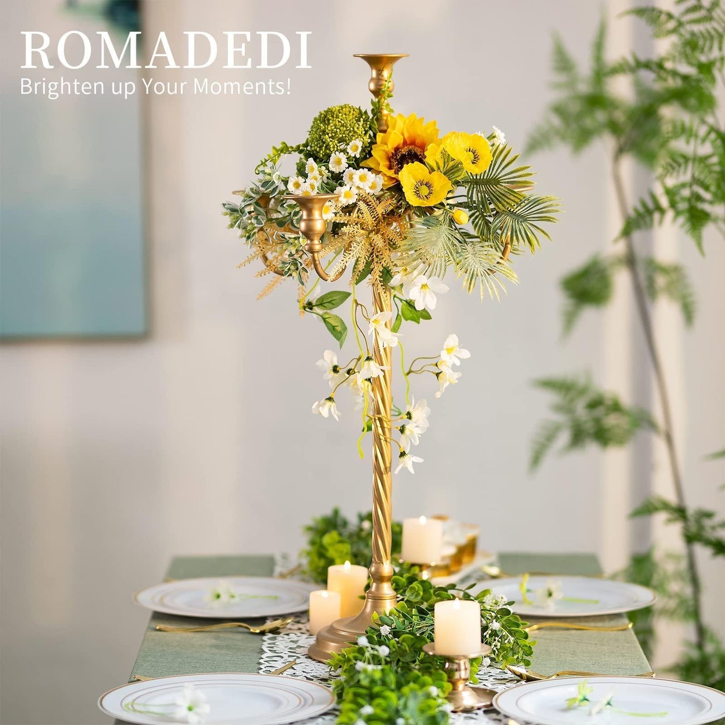 Romadedi Candelabra Gold Candle Stand: 28" Tall 5-Branch Candlestick Holder for Wedding Centerpiece Decor Christmas Holiday Event Reception Decoration,2Pcs