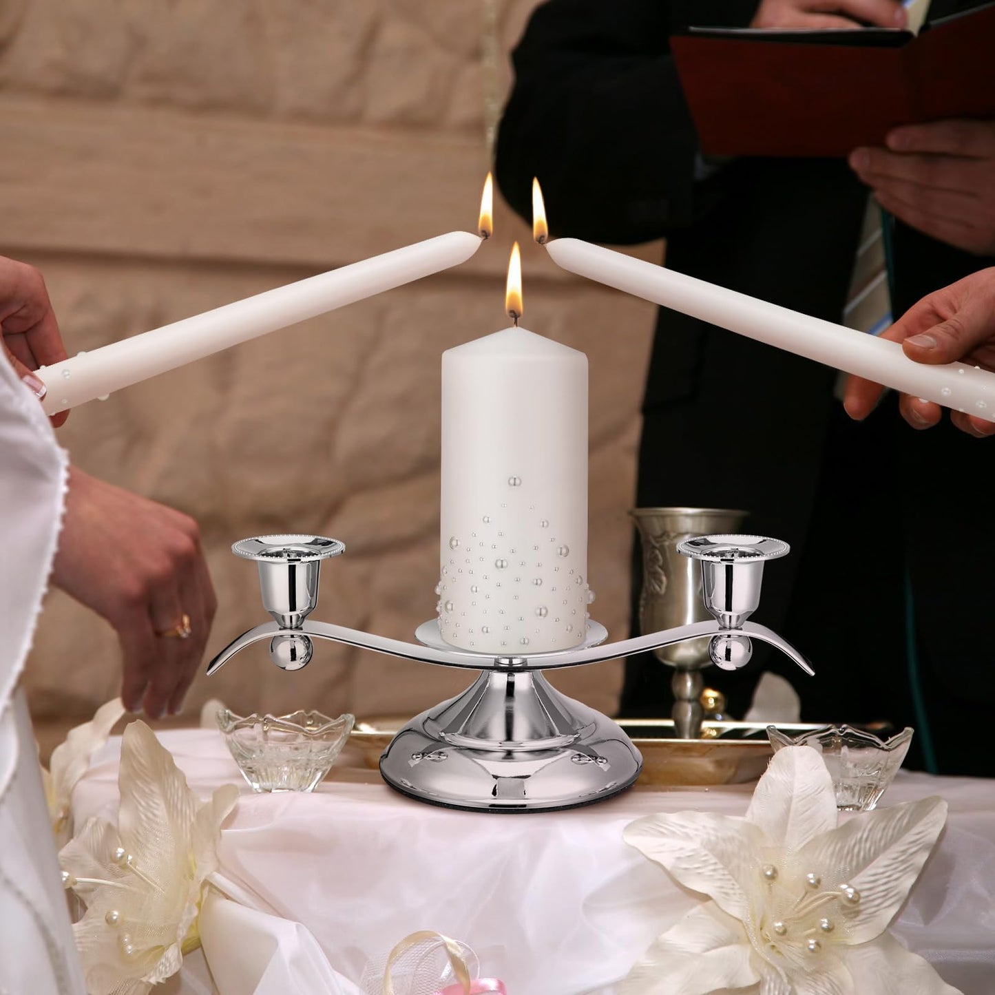 Irenare Unity Candles with Holder for Wedding Ceremony Wedding Decortions Accessories Glass Candle Holder Pillar Candle for Formal Events Church(Pearl)