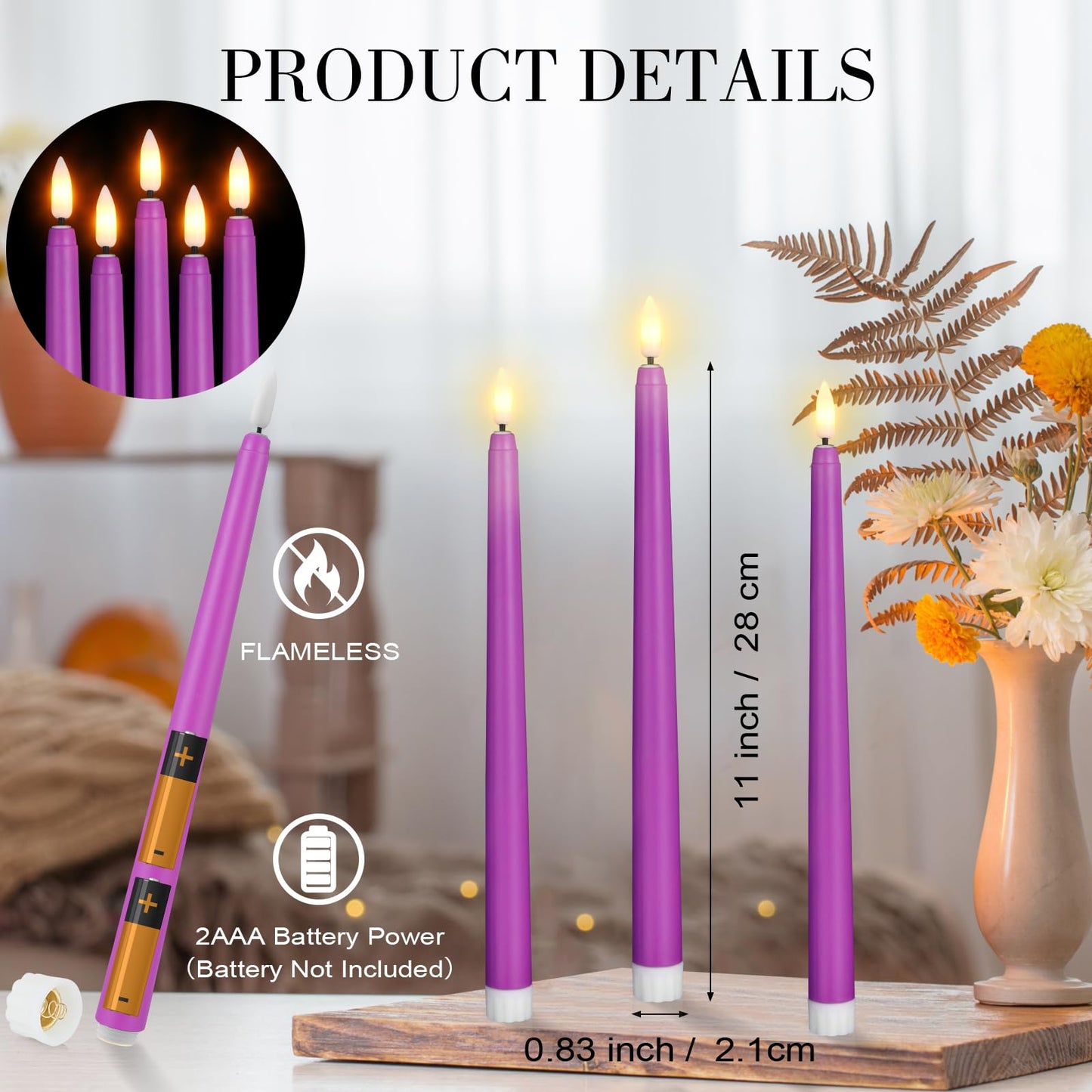 Macarrie 24 Packs Flameless Taper Candles Battery Operated Fake 11 Inch Long Candle Light LED Flameless Candlesticks Flickering Tapered for Wedding, Halloween, Christmas(Purple)
