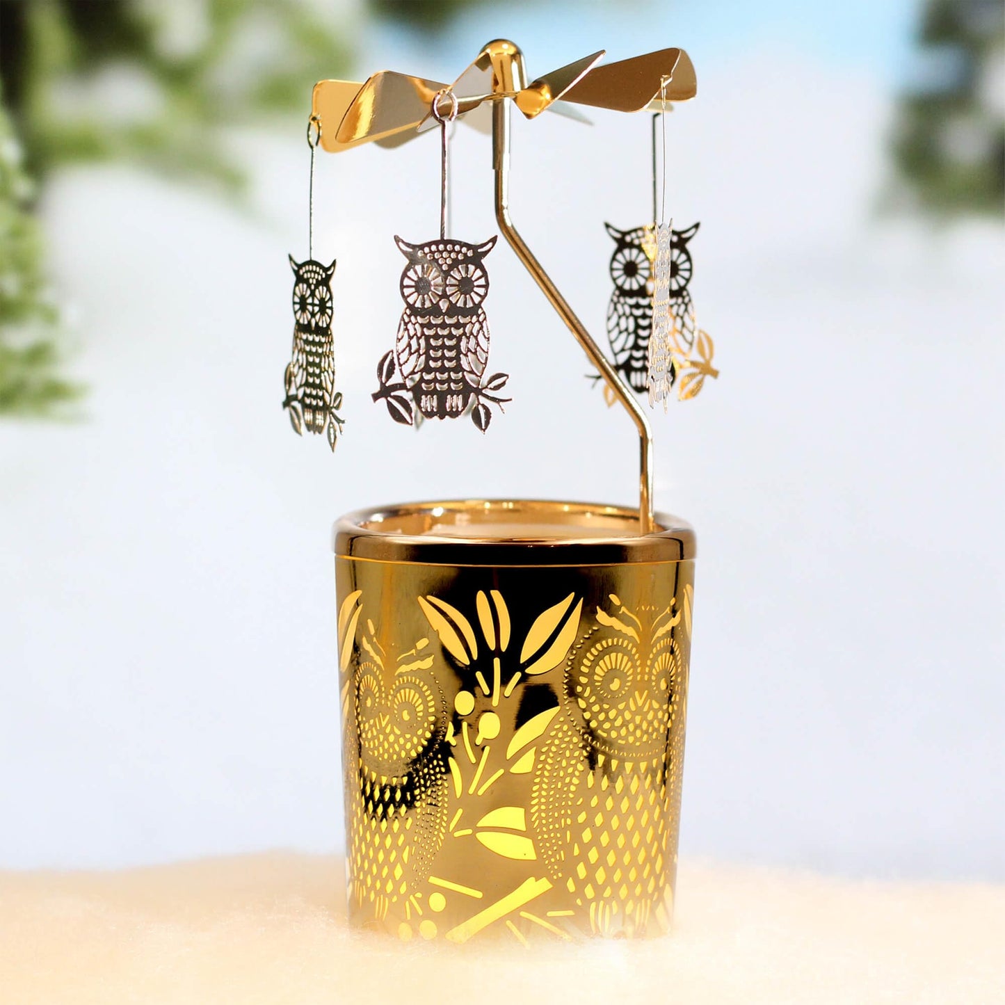 iLajao Candle Carousel Rotary Candle Holder Christmas Carousel Spinning Tealight Candleholder Christmas Decoration Centerpieces for Tables Valentine Easter (Golden Owl)