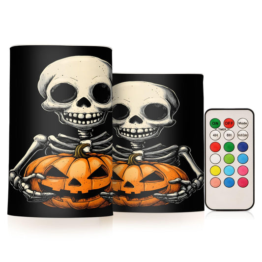 ALAZA Halloween Skeleton Skull Pumpkin Flickering Flameless Candles Battery Operated with Remote Timer,Tea Light Candles LED Pillar Votive Candles Set of 2 for Outdoor Indoor Decorations
