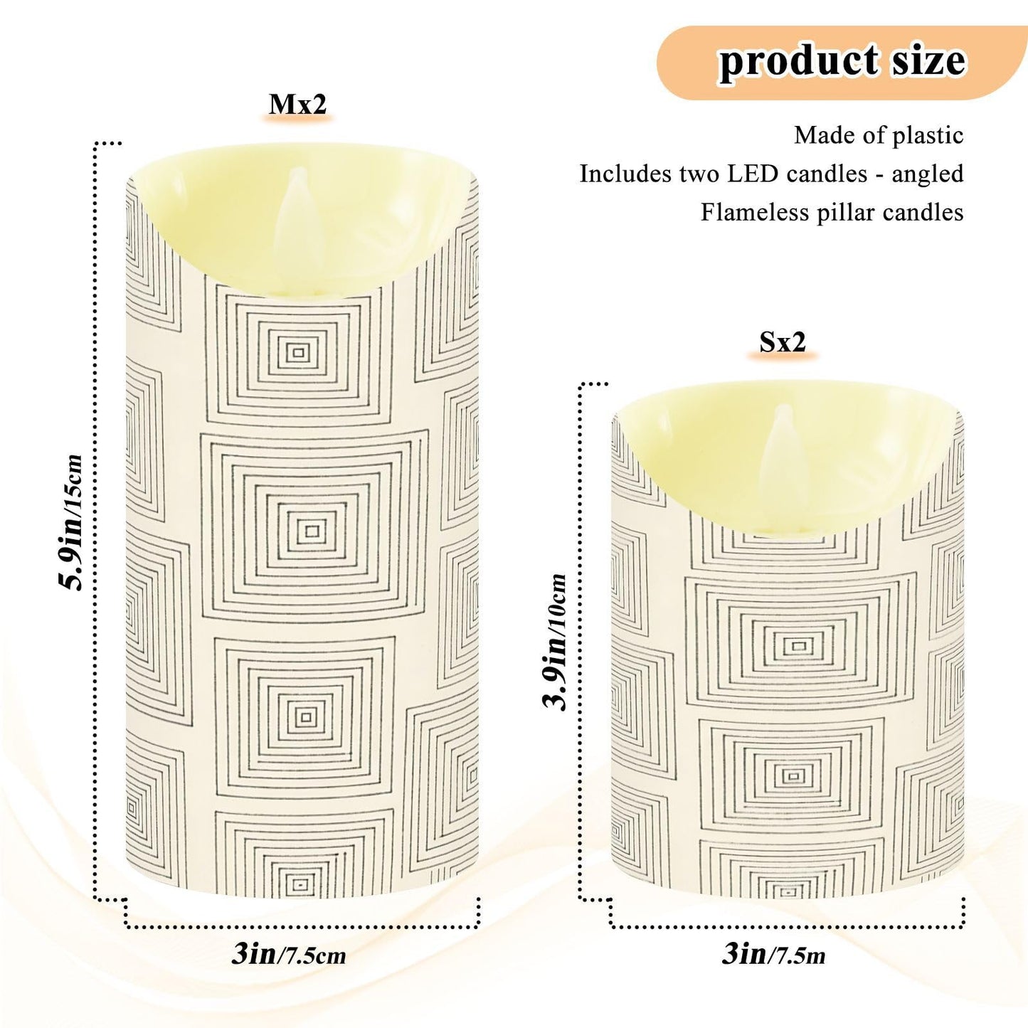 Gravopti Square Lines 2 Pack Flameless LED Pillar Candles with Remote & Timer, Battery Operated, Flickering Wax Candle for Wedding, Romantic Home & Party Decor