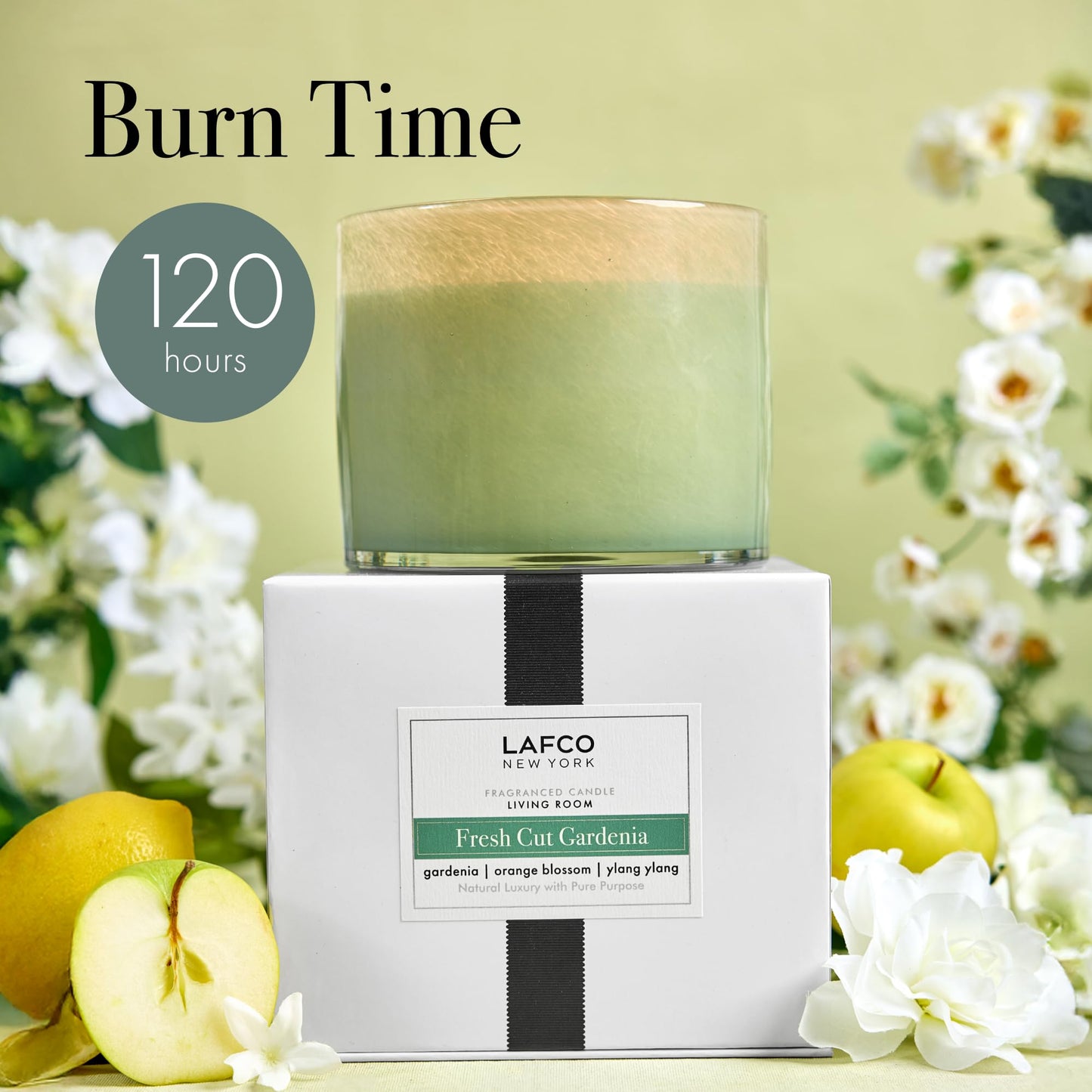 LAFCO New York 3-Wick Candle, Fresh Cut Gardenia - 30 oz - 120-Hour Burn Time - Reusable, Hand Blown Glass Vessel - Made in The USA