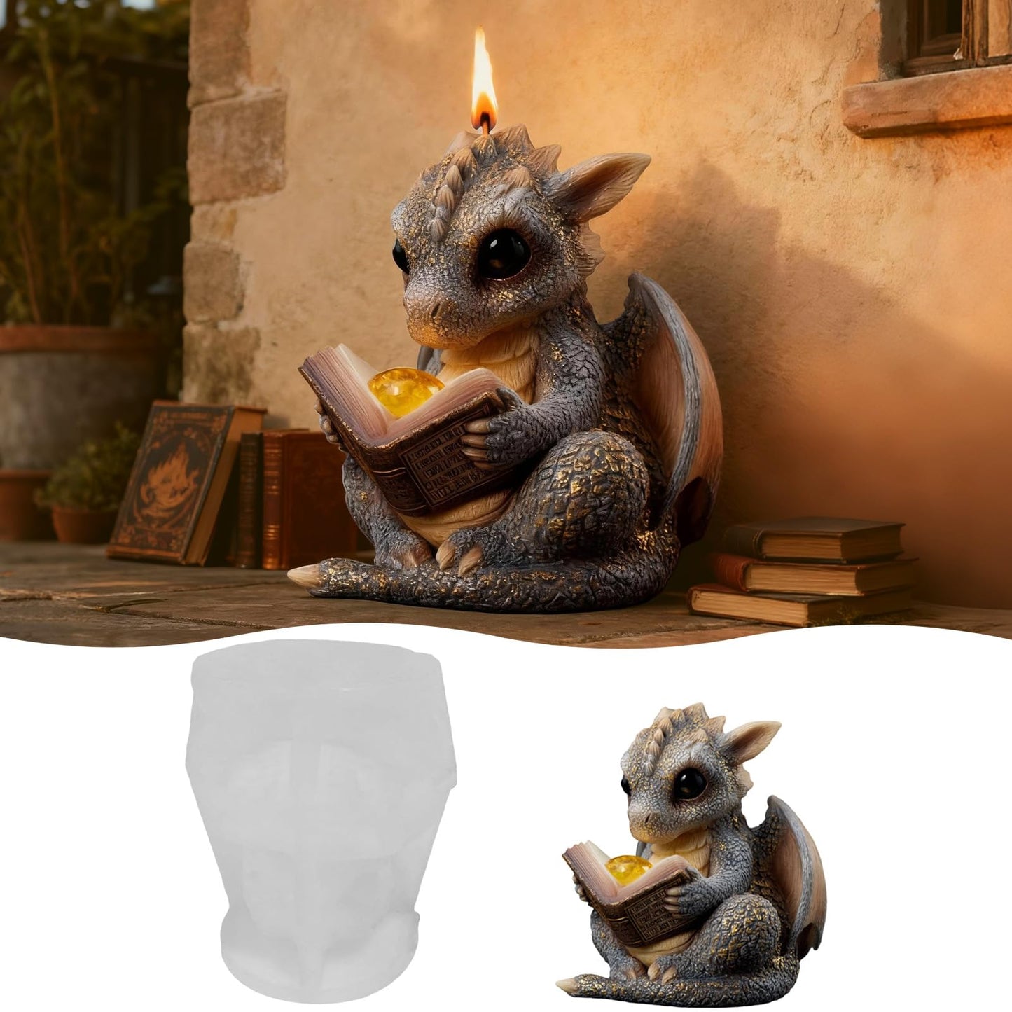 Book-Reading Dragon Silicone Candle Mold, 3D Dinosaur Resin Casting Silicone Mold for Home Decor, Soap & Candle Making, Animal Epoxy Resin Craft Mold, Gifts for Dinosaur Lovers