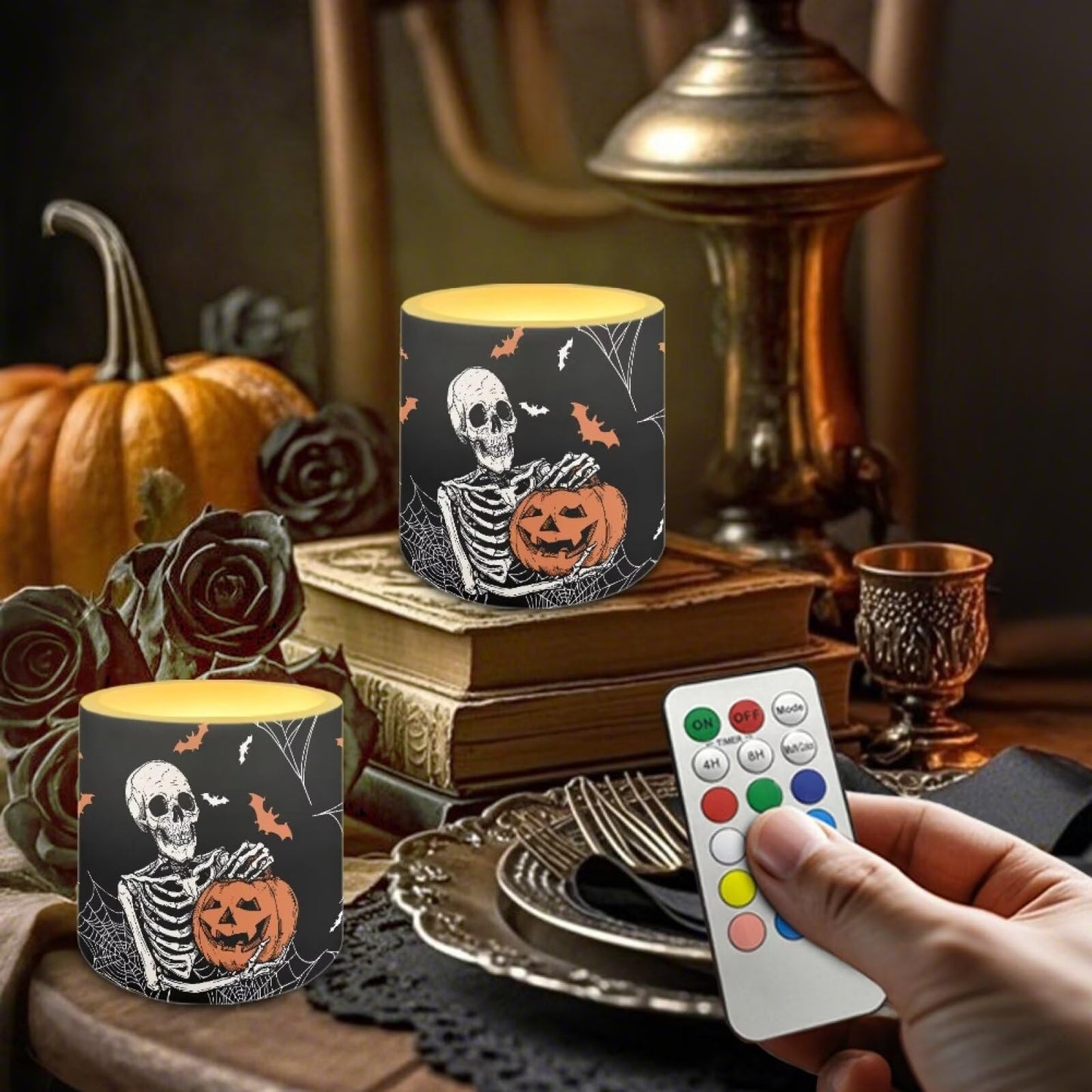 Merkmak Halloween Pumpkin Skeleton Flickering Flameless Candles with Remote Battery Operated Candles with Timer Control LED Pillar Tea Lights for Indoor Outdoor Banquet Party Home Decorations