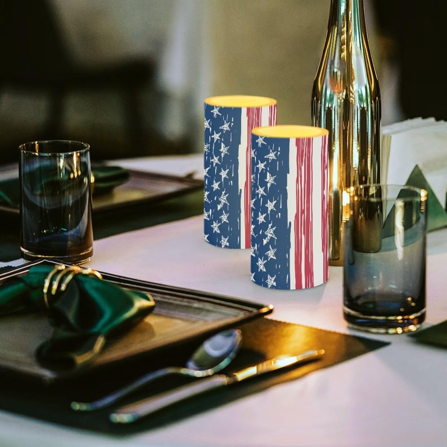 NETILGEN Patriotic USA Flag Flameless LED Candles with Battery Operated Set of 2 with Timer Remote Control July 4th American Flag Independence Day Decor